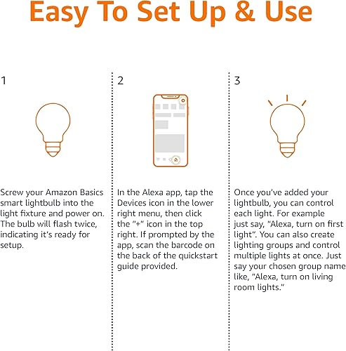 Miniatura 5 de Tienda Basics Bombilla LED inteligente A19, regulable blanco suave (2700 K), 9 W (equivalente a 60 W), 800 LM, funciona solo con Alexa, Wi-Fi de 2.4