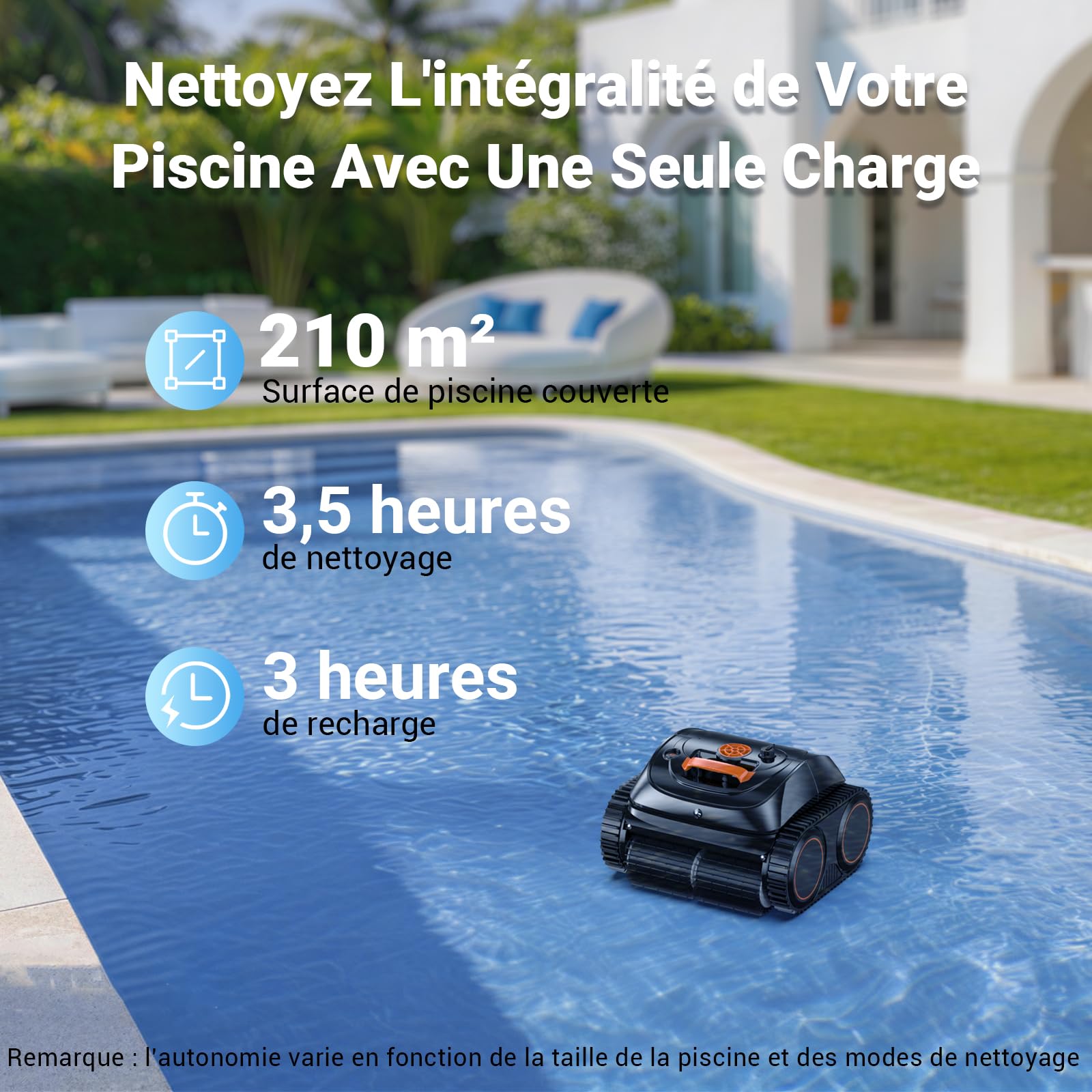 WINNY POOL CLEANER C1 by Wybot Robot Piscine sans Fil-Nettoie Fond et Parois, Navigation Intelligente, Autonomie 210 Min, Stationnement Automatique, Contrôle par APP,Orange Noir
