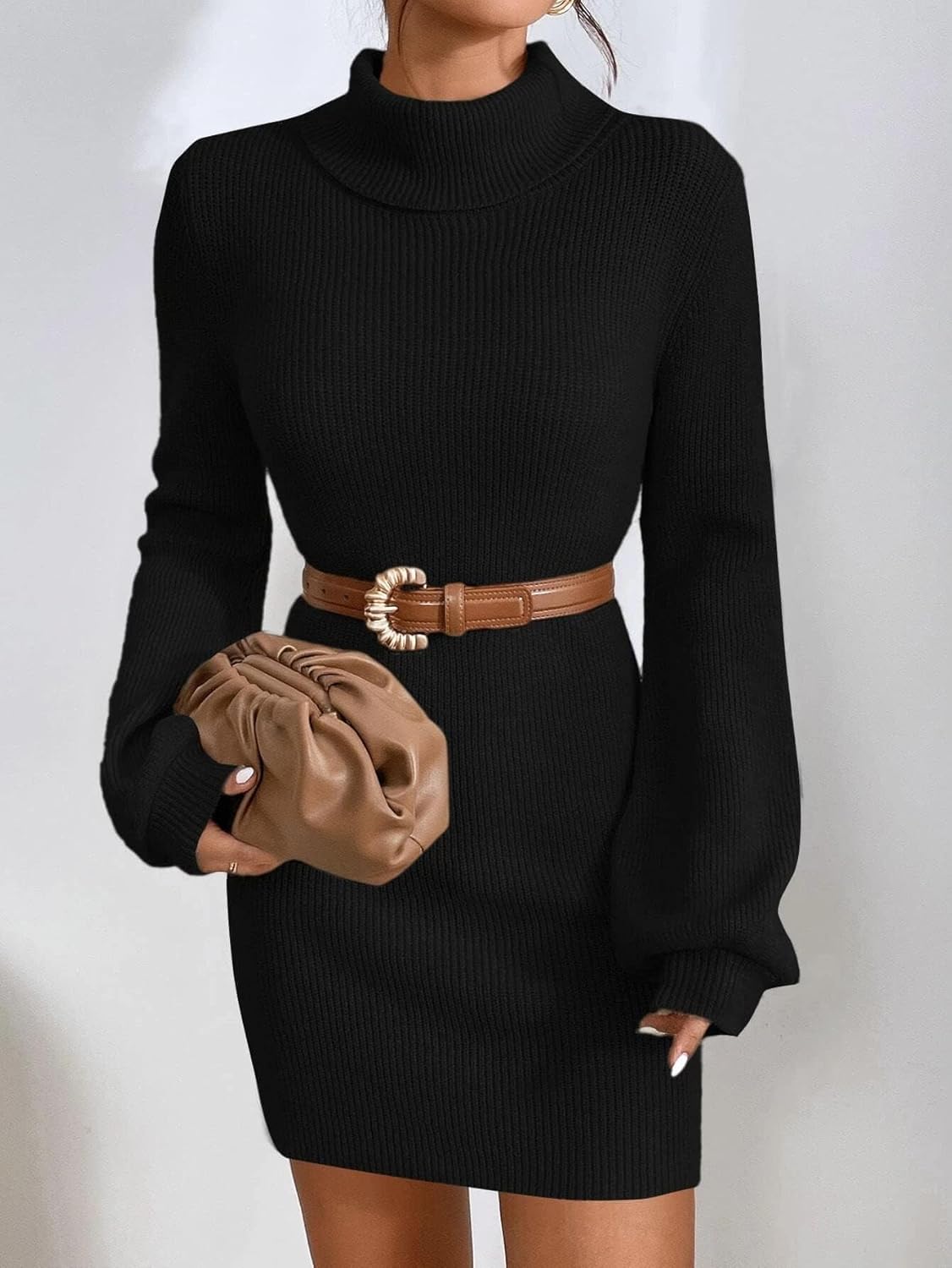 Turtleneck Sweater Dress for Women Lantern Sleeve Bodycon Pullover Mini Sweater Dress Stretchable Elasticity Slim - Image 5