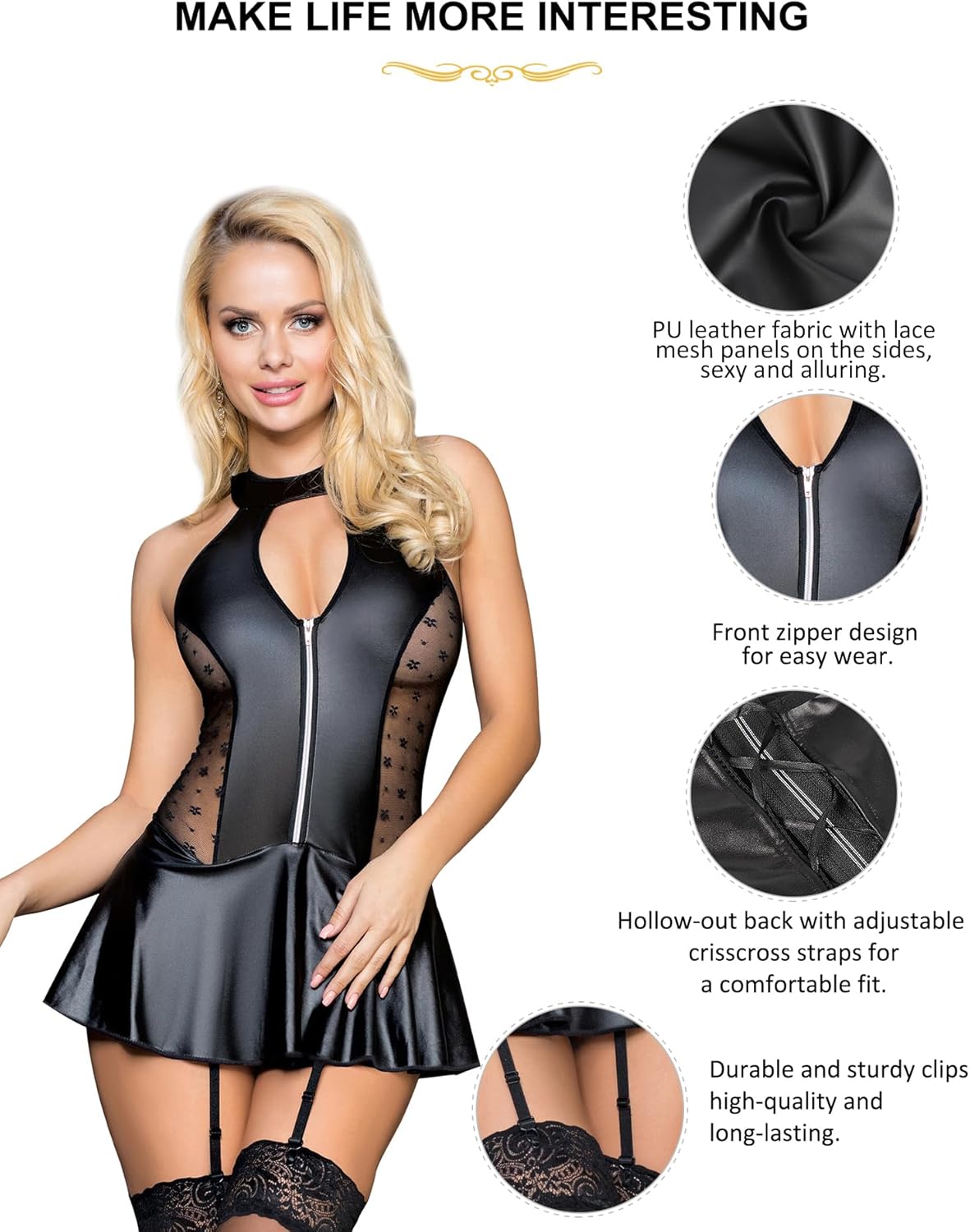 ohyeah PU Leather Lingerie Plus Size Babydoll Lingerie with Garter Belt Zipper Nightwear Halter Lingerie Dress S-2XL - Image 3