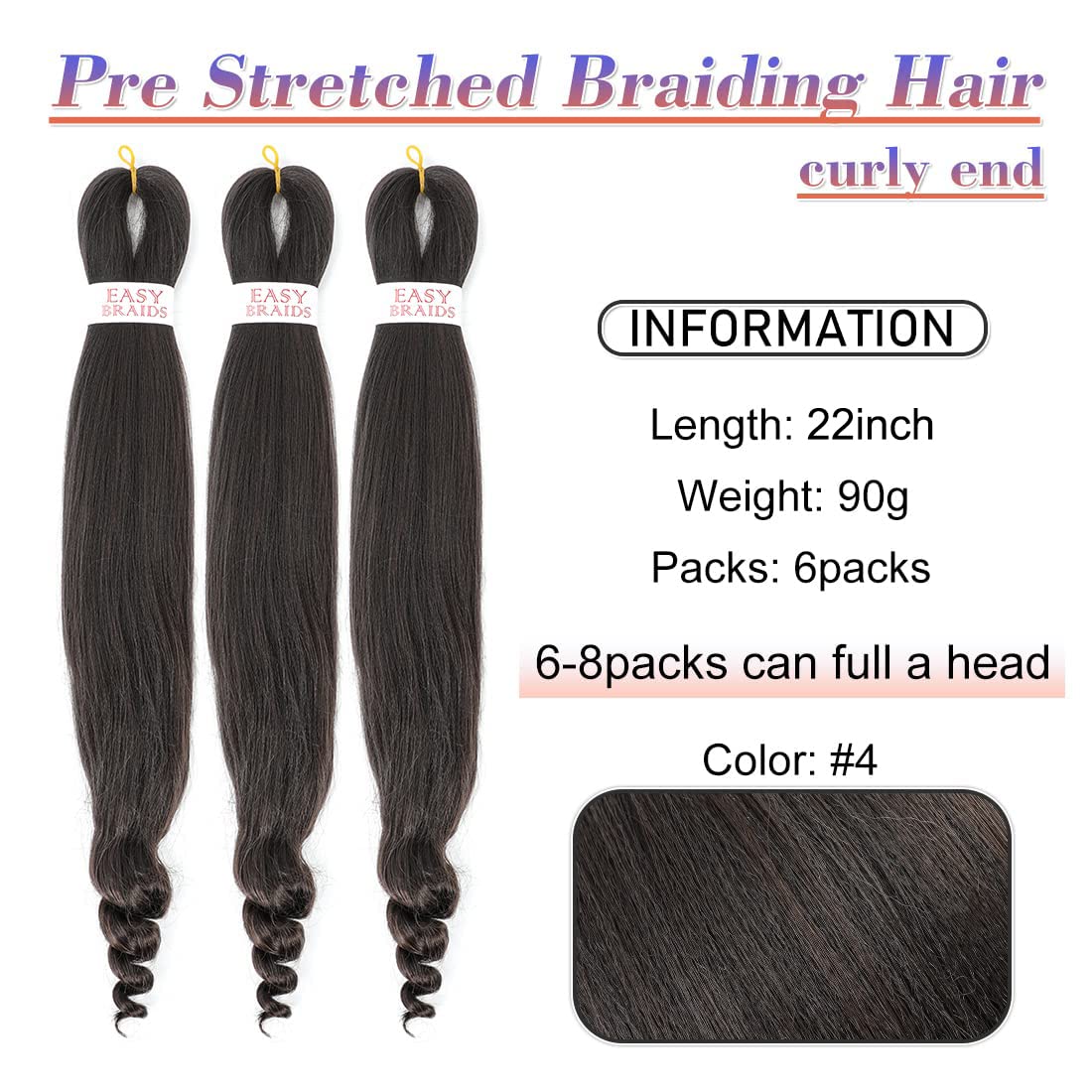 6 Pack Braiding Hair Pre Stretched French Curly Braiding Hair Crochet Braids Easy Braid Crochet Hair Goddess Curl Braid Soft Yaki Straight Hair For Braiding (22inch（pack of 6）, #4)