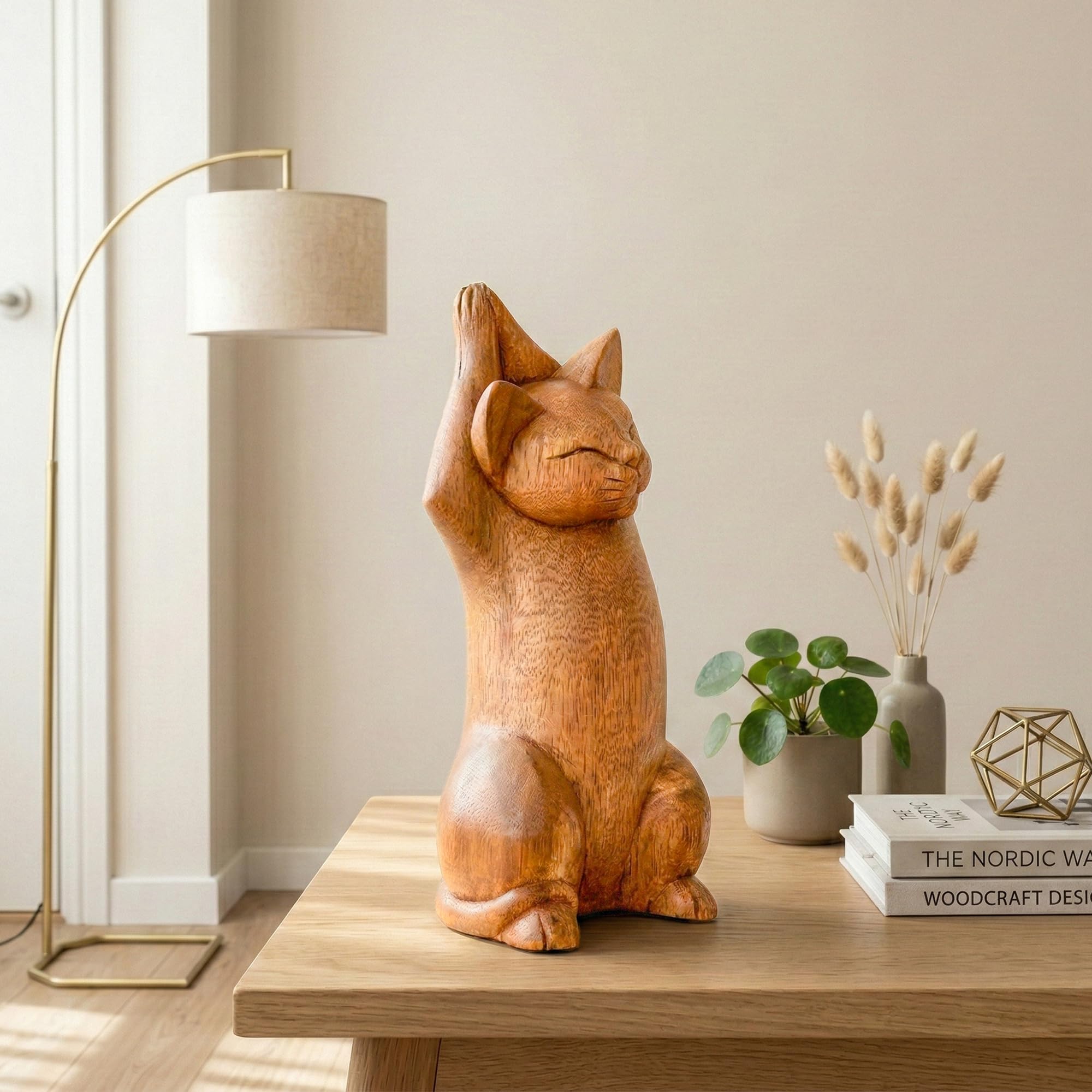 G6 Collection 20 cm drewniany ręcznie rzeźbiony kot syjamski joga posąg rzeźba ręcznie wykonana sztuka dekoracja wystrój domu akcent dekoracyjny kotek kociak figurka prezent ręcznie wykonany (poprawa w górę)