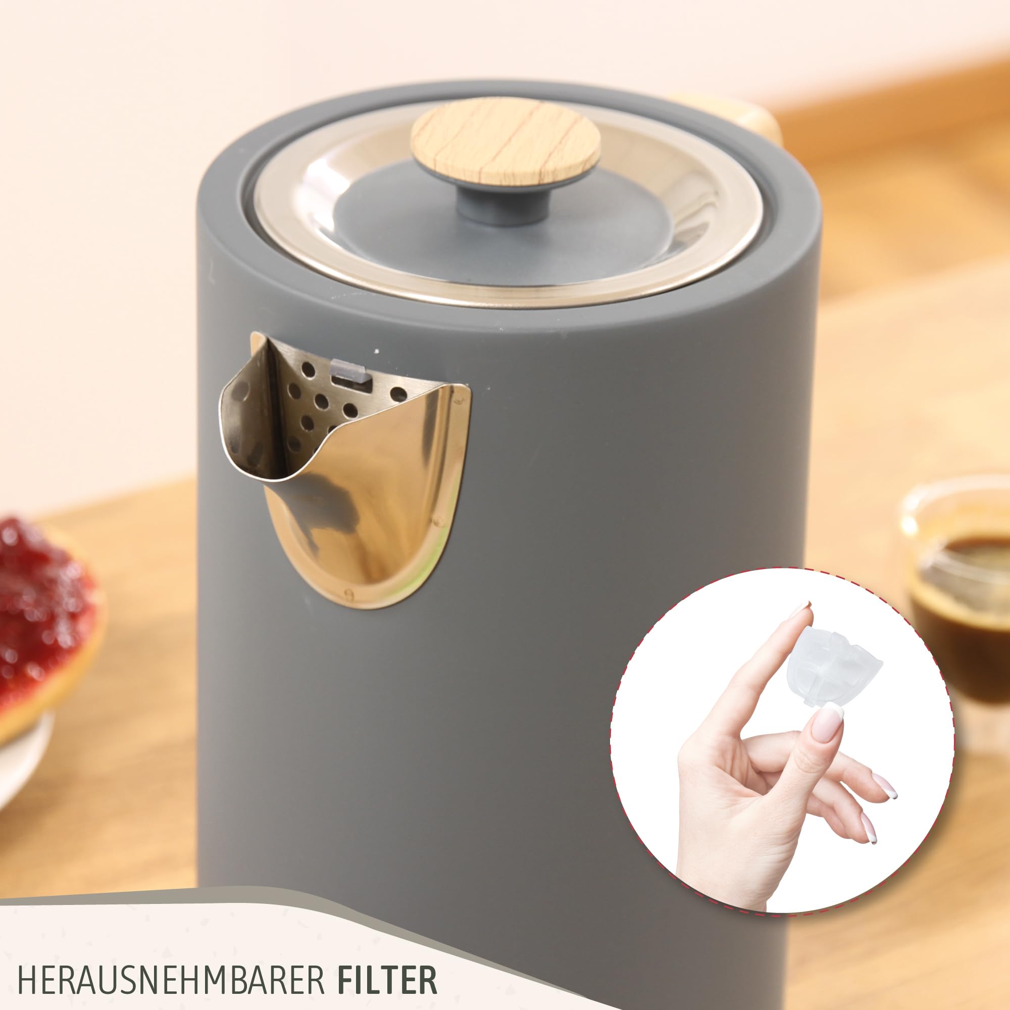 briebe Nordic Set Toaster 2 Scheiben Breite Schlitze Brötchenaufsatz 6 Toast Stufen Wasserkocher 1,7L 2200W BPA-frei Frühstücksset Grau
