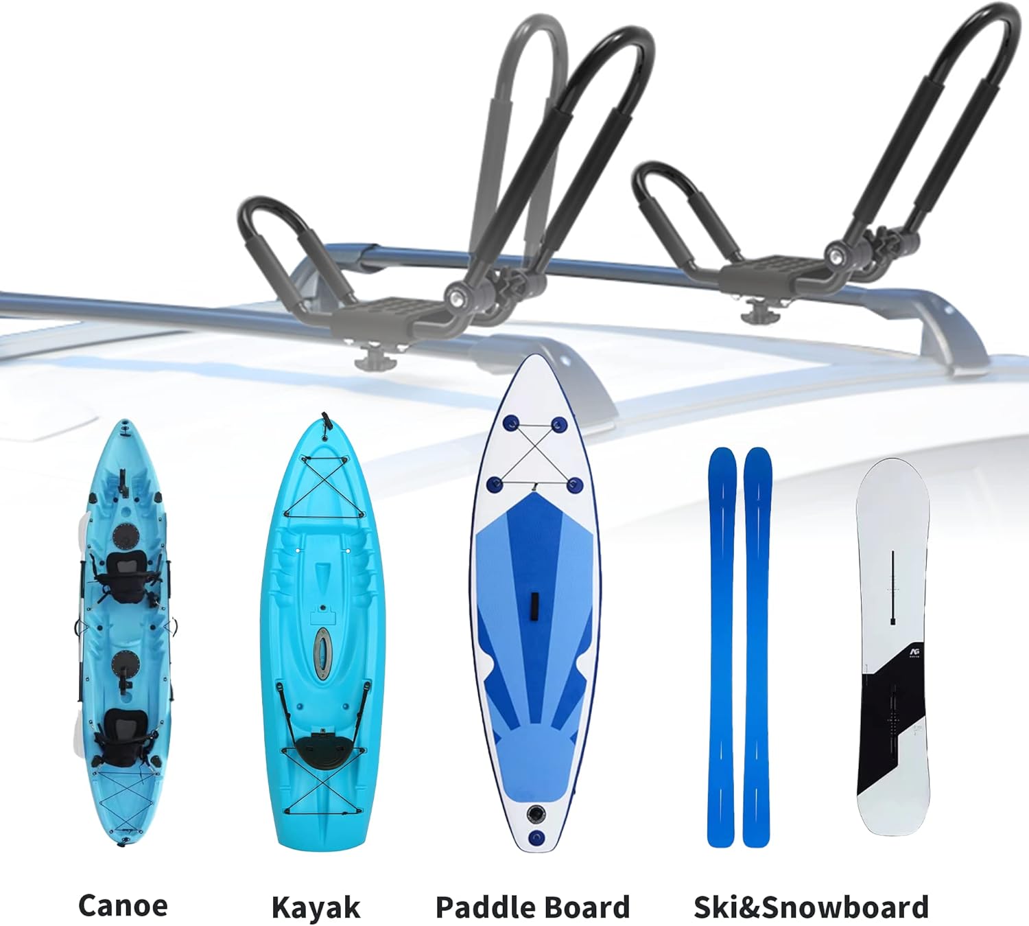 FDB Upgraded Double Universal Folding Adjustable J Cross Bar 2 Pairs = 4 PCS Universal Kayak Canoe Top Mount Carrier Roof Rack Boat SUV Truck Van Car with 4 pcs Tie Down Straps