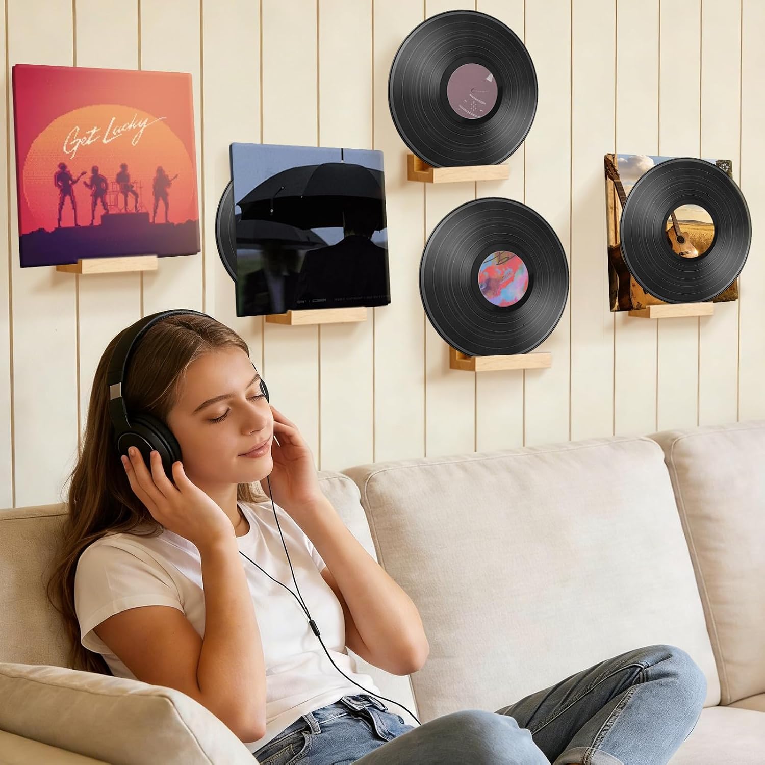 8PCS Vinyl Record Shelf Wall Mount Album Record Holder Wall Wooden Floating Shelves Small Wall Record Holder Display Shelf for Bedroom Living Room Home Decor