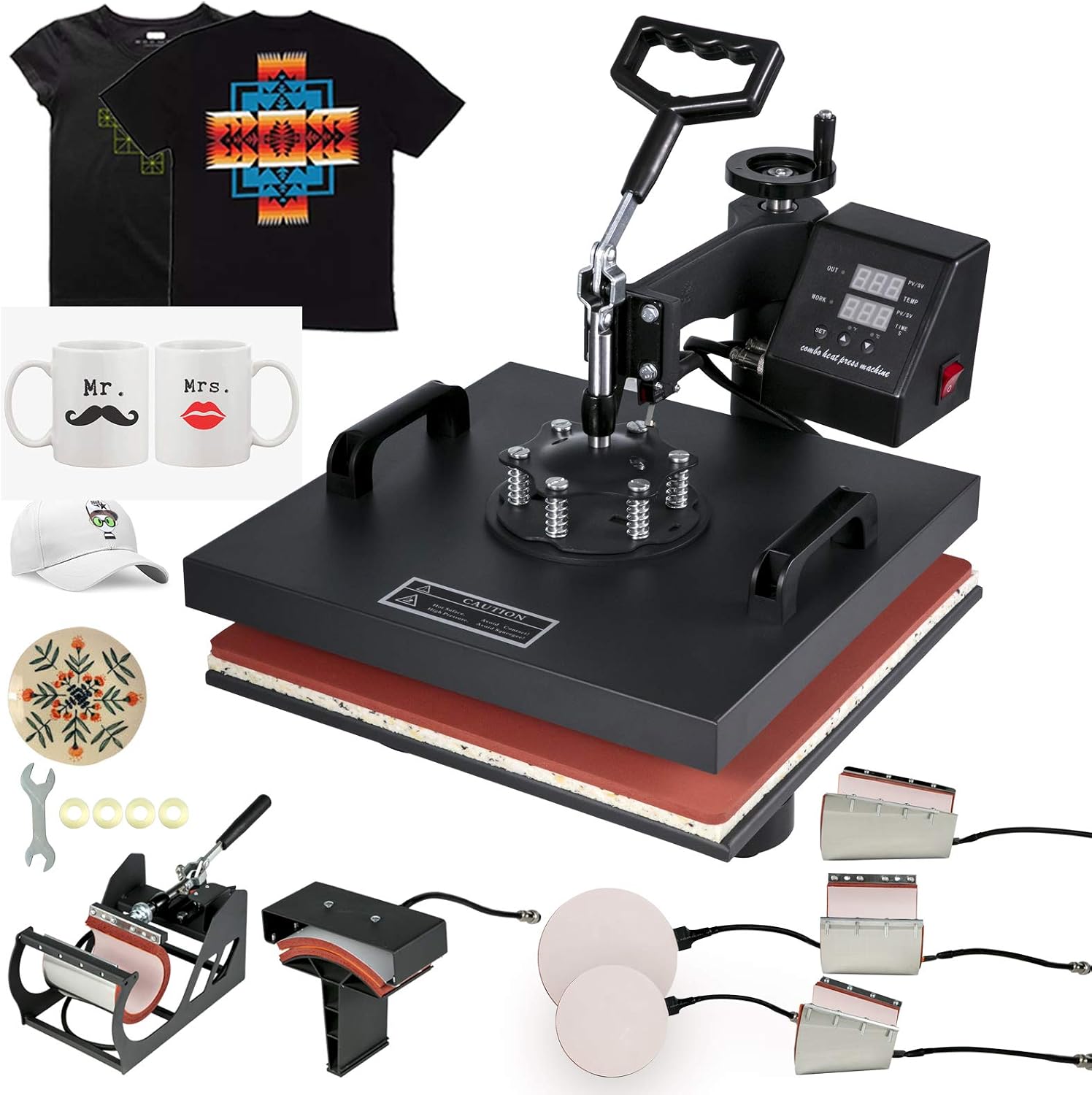 Amazon.com: Mophorn prensa de calor 15 x 15 pulgadas 8 piezas máquina de  prensa de calor 1050 W multifuncional de sublimación de doble pantalla LED  máquina de prensa de calor para camisetas