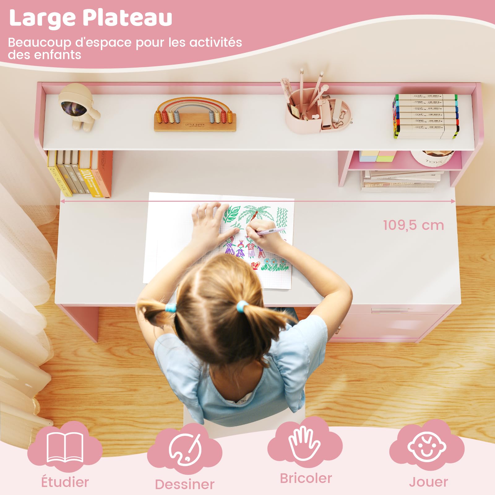 GOPLUS Bureau Enfant Garçon Fille avec Chaise, Bureau avec Rangement Étagère Tiroir Armoire, Panneau en Liège, Table Chaise Enfant pour Manger, Étudier, Dessiner (Rose)