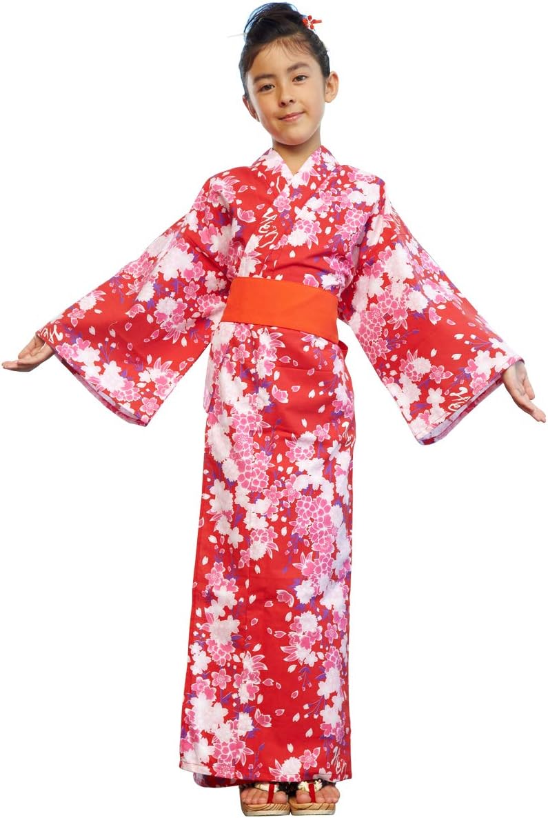 Yukata with sash belt. for Children Kids Girls. Room wear, made in Japan. Midori Yukata "Red Cherry Blossoms/赤桜"