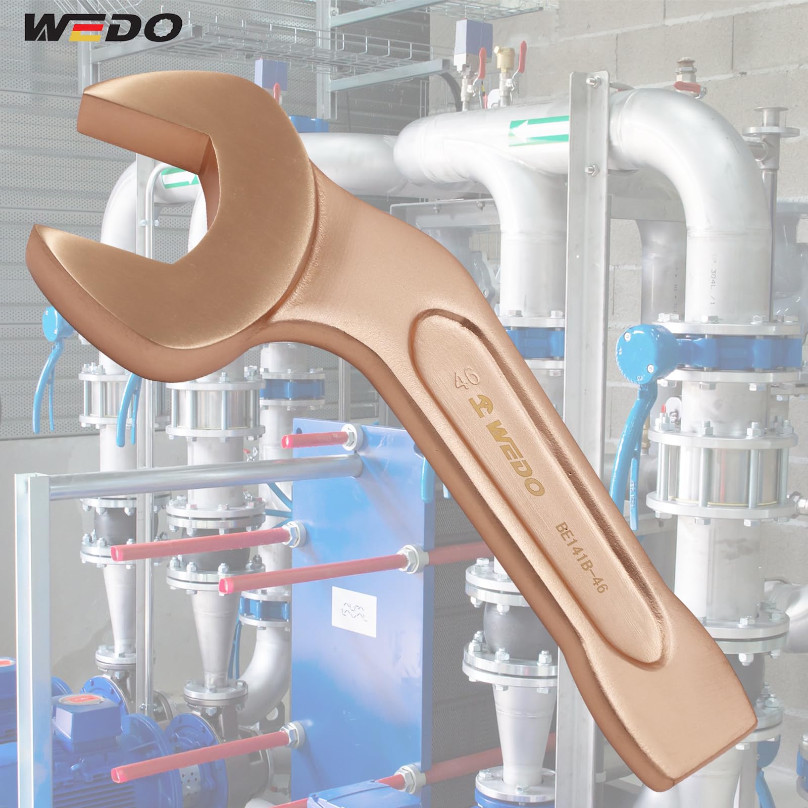 WEDO Llave inglesa de extremo abierto,45 grados,sin chispas,34mm,Métrica,cobre berilio,Largo 210mm,antimagnético,Certificados Bam y FM,Certificación GS