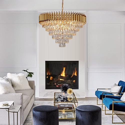 Miniatura 7 de AXILIXI Gold Crystal Chandelier, Modern 30" Round Chandeliers for Dining Room K9 6-Tier Extra Large Ceiling Pendant Light Fixtures Golden Luxury Oro