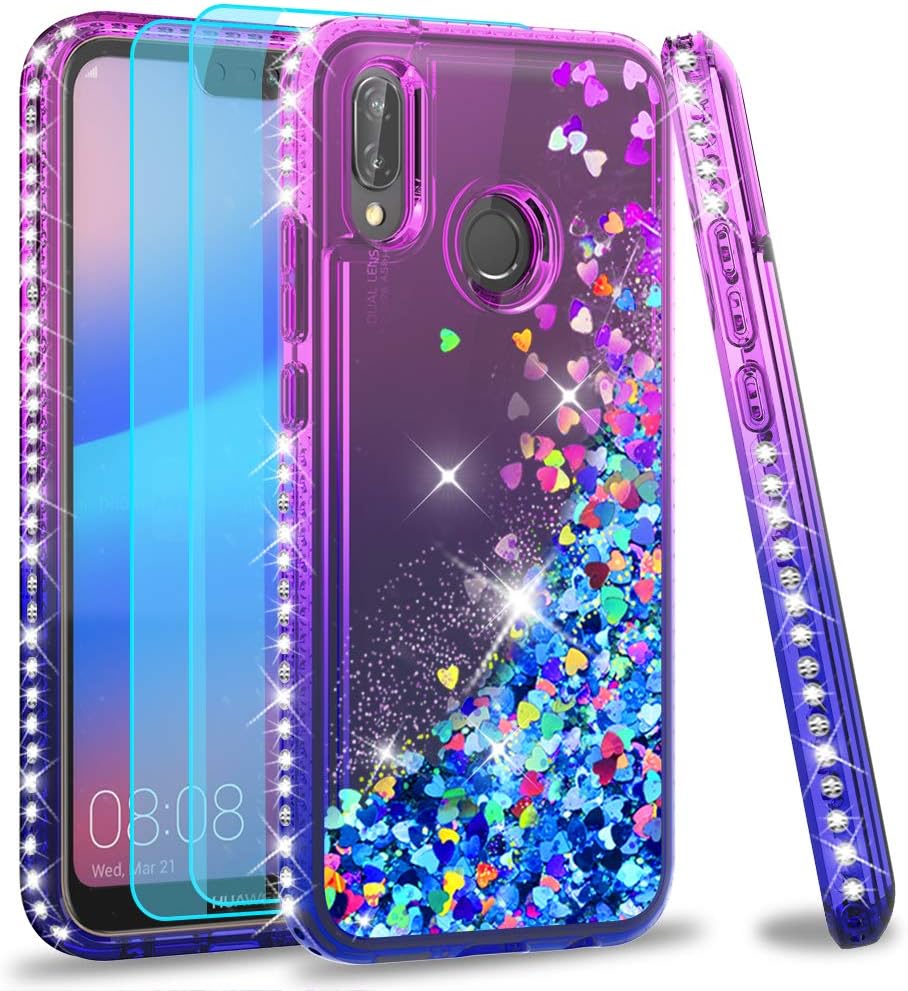 LeYi Huawei P20 Lite Case with Tempered Glass [2 Pack], Liquid Glitter Transparent 3D TPU Silicone Shockproof Kawaii Diamond Protection Case for Huawei P20 Lite/Nova 3e Purple Blue