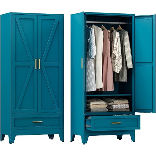 Farmhouse Wardrobe Cabinet with One Drawers,Metal Wardrobe Closet with Hanging Rod,Metal Armoire with Adjustable Shelves for Bedroom,Living Room, Cloak Room,Office (Blue)