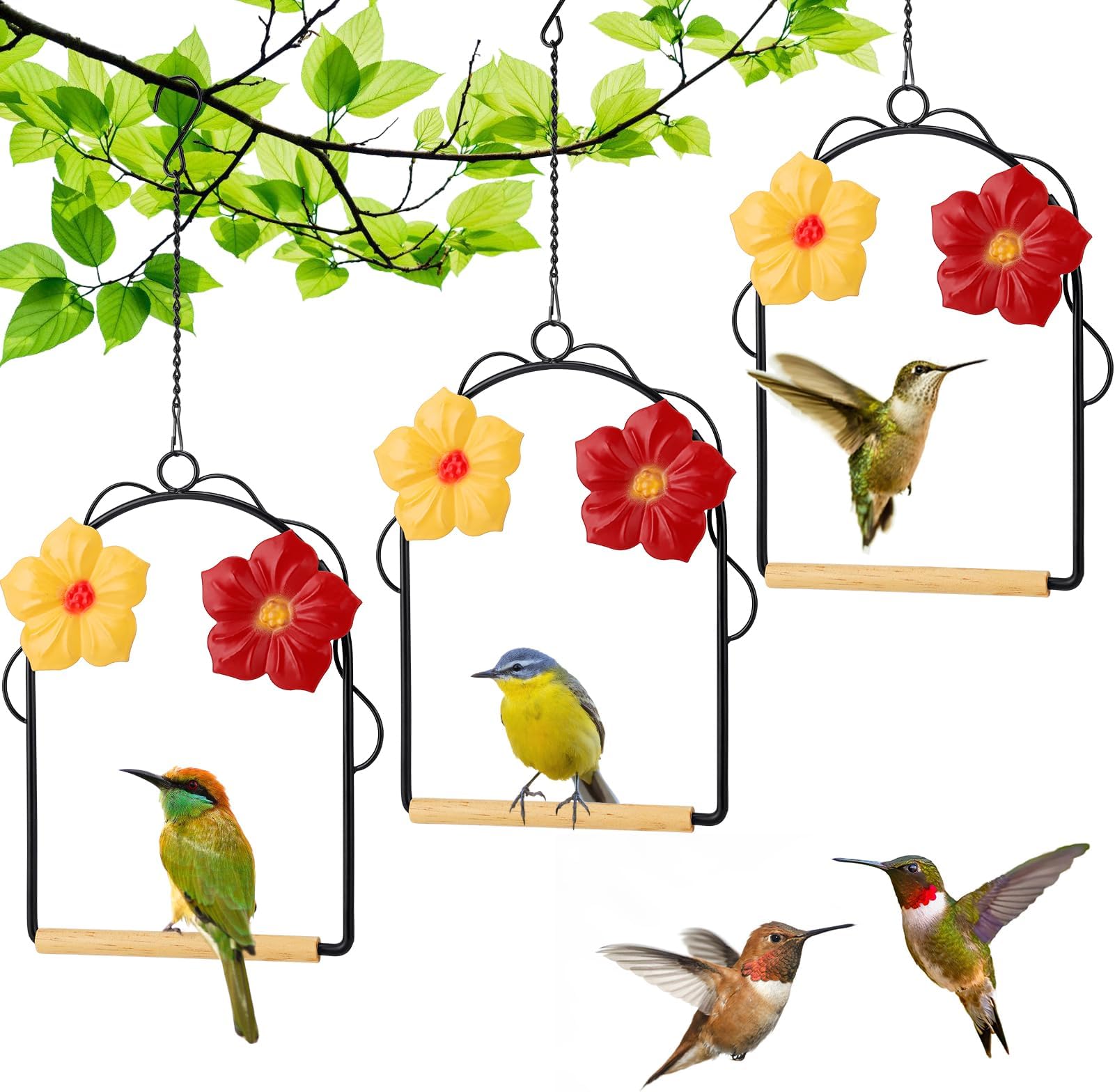 3 Pcs Hummingbird Swings with Flowers Design, Bird Swing