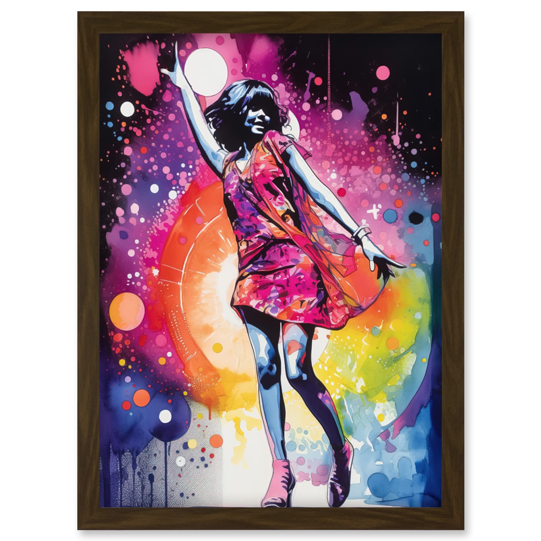 Framed Watercolour Painting Artwork Print - Disco Music Fever Dance Moves Woman - Rainbow Dancefloor Light - Modern Art - A4