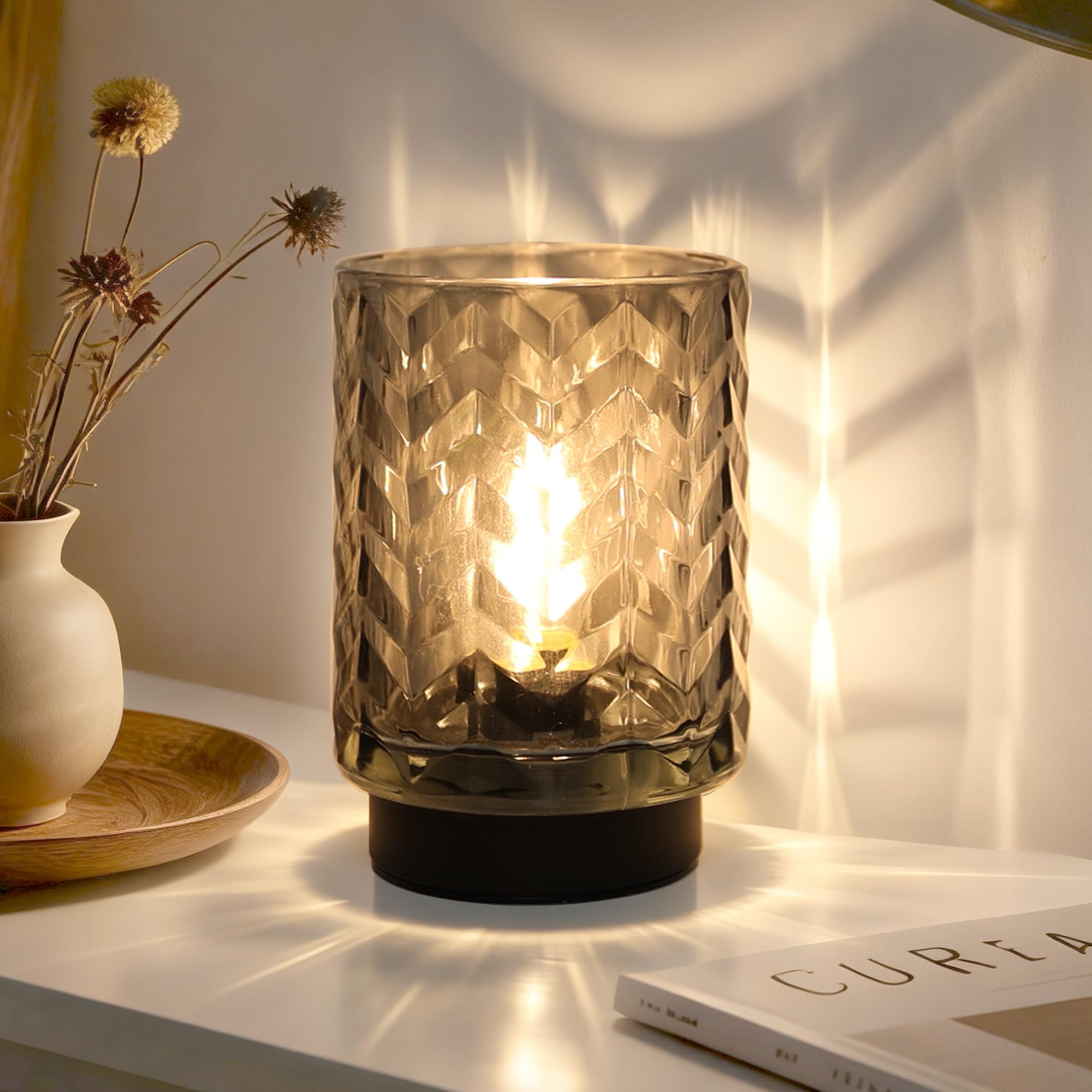 Battery Operated Lamp with Timer, Small Table Lamp for Office Desk Decor, Glass Cordless Lamp Bedside Cozy Light for Living Room Aesthetic, Entryway Wave Design-Grey