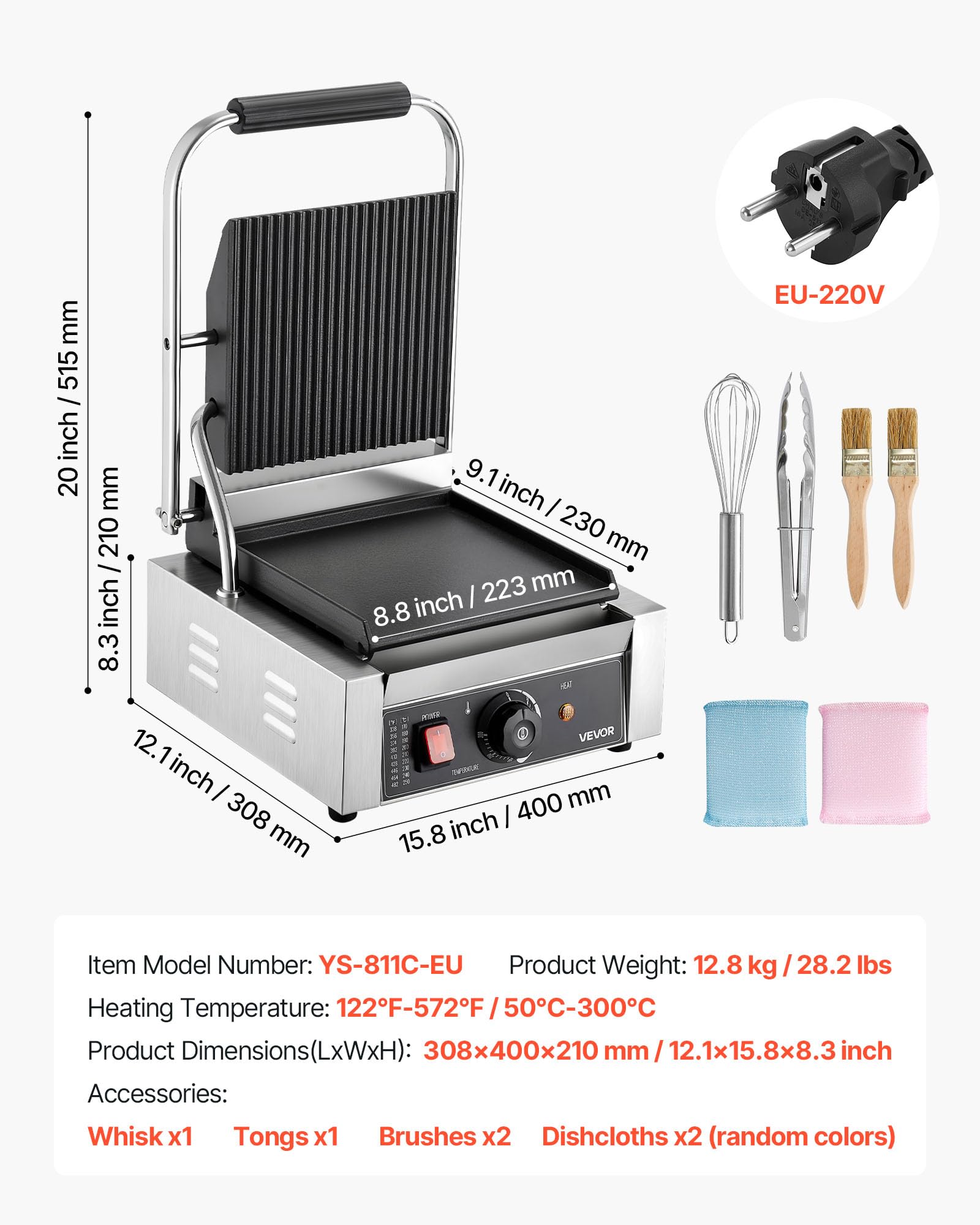 VEVOR Griglia Elettrica per Panini 1800W, Piastra per Panini Sandwich con Piastra Smaltata Piatta 22x23cm, Acciaio Inox, Maniglia, Controllo della Temperatura, per Hamburger, Bistecche