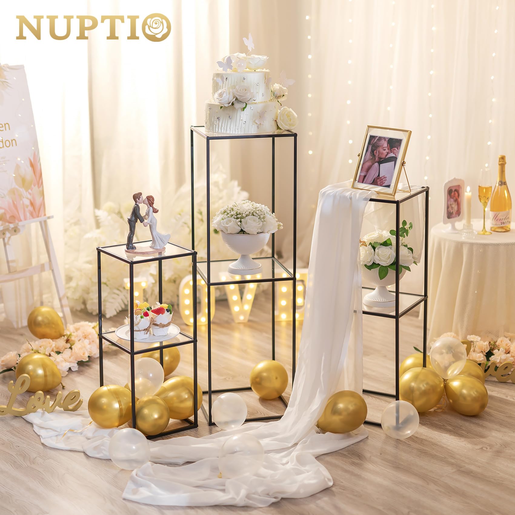 NUPTIO Centre de Table avec Panneau Acrylique, 60/80/100cm Haut, 2 Couches | 3 Pièces, Construction Métal, Support Fleurs, Noir Présentoir, Colonne pour Plantes, Mariage, Fêtes, Maison