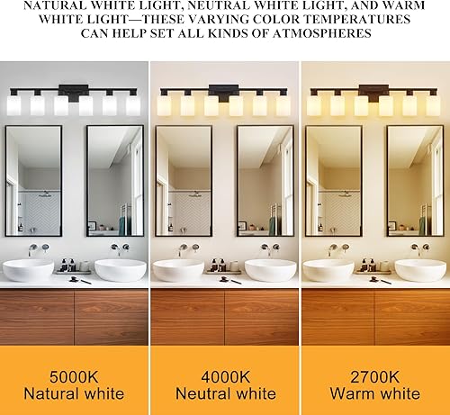 Miniatura 5 de Lámpara de tocador de baño de 6 luces negras, iluminación negra mate para espejo, lámparas de baño rústicas con vidrio esmerilado blanco lechoso,