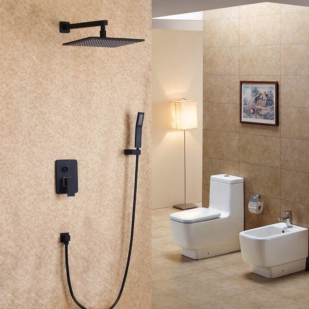 Juego de sistema de grifo de ducha, diseño único, cabezal de ducha montado en la pared, cabezal de ducha de lluvia negro y válvula de ducha de mano de latón macizo, incluye manguera de ducha, 12