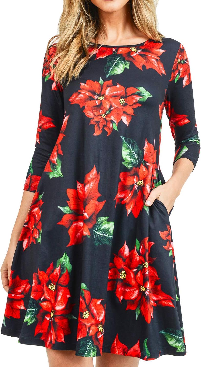 Women’s Printed Crew Neck A-Line Dresses with Pockets Casual Tropical Floral Novelty Animal Christmas Patterns