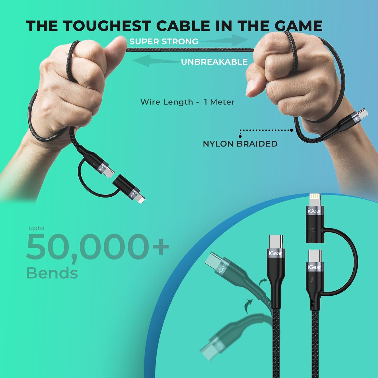 Image demonstrating the iGear Duo Cable's flexibility and durability, with text indicating 'Unbreakable' and 'Upto 50,000+ Bends'