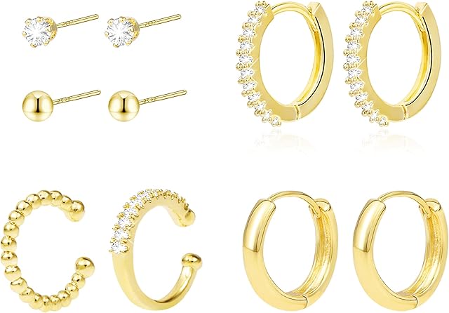Gold Earrings Set, 14k Real Goldplated Hoop Earrings For Women, Small Mini AAA+ Zirconia Studs, 6 Pairs Sterling Silver 925 Hypoallergenic Multiple Gold Cartilage Huggie Hoop Studs Earrings Set