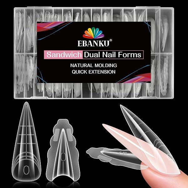 EBANKU 280PCS Sandwich Moldes Uñas, Transparent Top & Bottom Dual Nail Forms Stiletto Moldes Polygel Acrilicas Uñas Postizas para Herramientas de Manicura de Extensión - 1