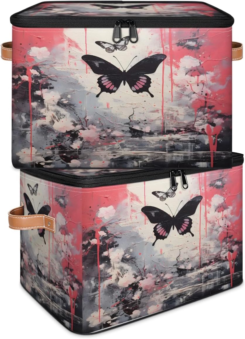 Storage Bin Set of 2 Watercolor Butterfly Storage Basket with Zipper Lid & Handle Foldable Closet Shelf 2 Pack Cloth Organizer Basket Cube Bins Clothes Organizer for Bedroom, Nursery