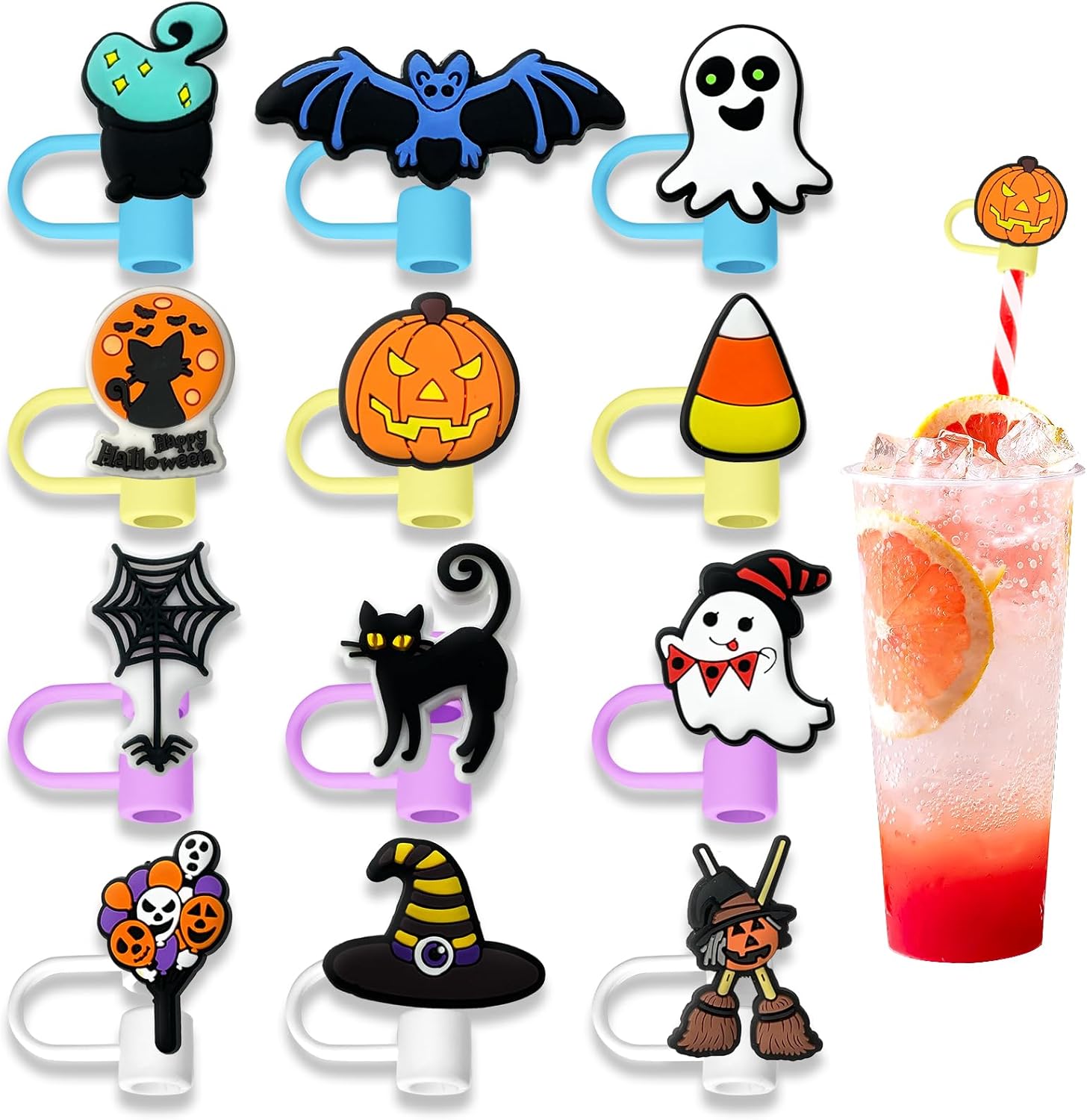12Pcs Straw Covers Cap for Tumblers, Halloween Straw Topper