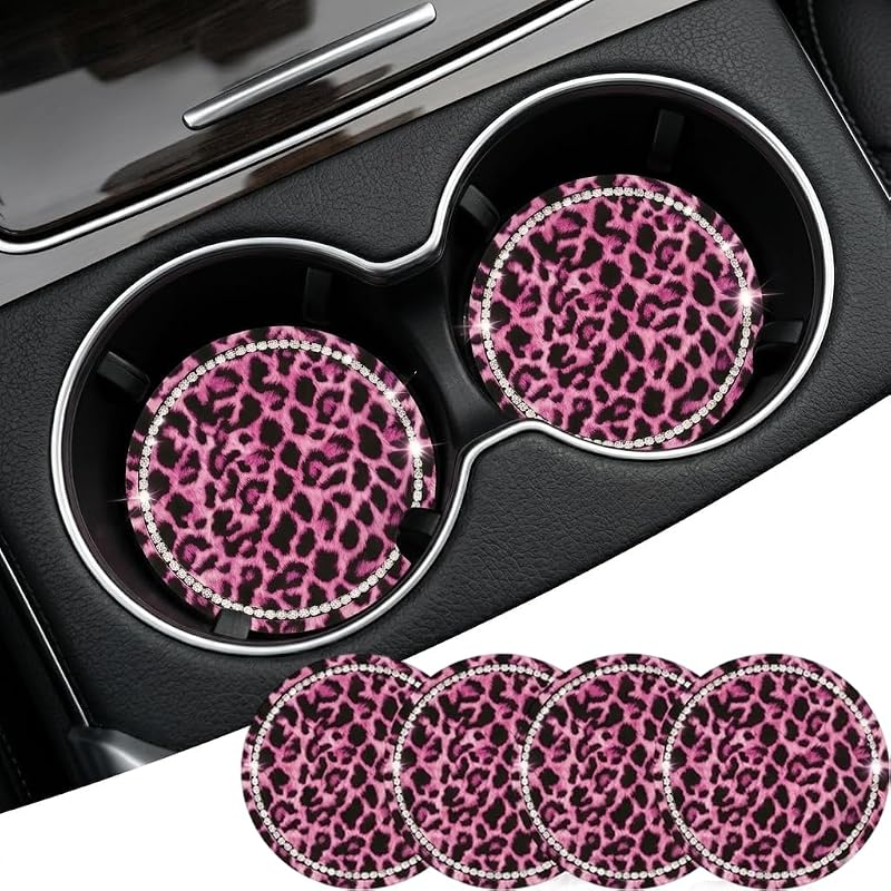 Porta-copos para carro em silicone com estampa de leopardo e strass, redondo, Pink-4PCS, 4 unidades