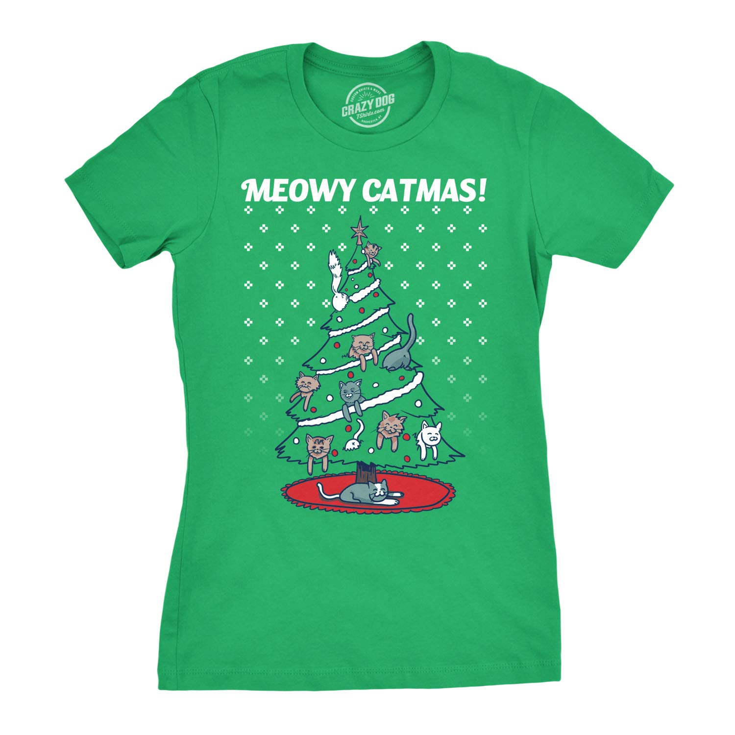 Womens Meowy Christmas Cat Shirt Tree Ugly Merry Crazy Funny