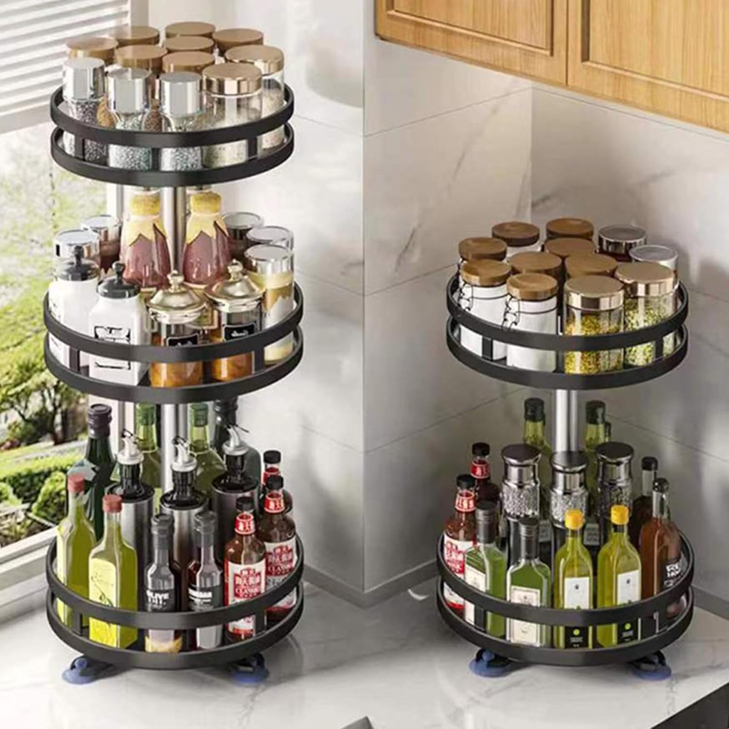 Rotating Shelf Metal Storage Rack Adjustable Space Saving Organizers for Kitchen Bathroom Accessory Adjustable Tiers Kitchen Shelf Organizers