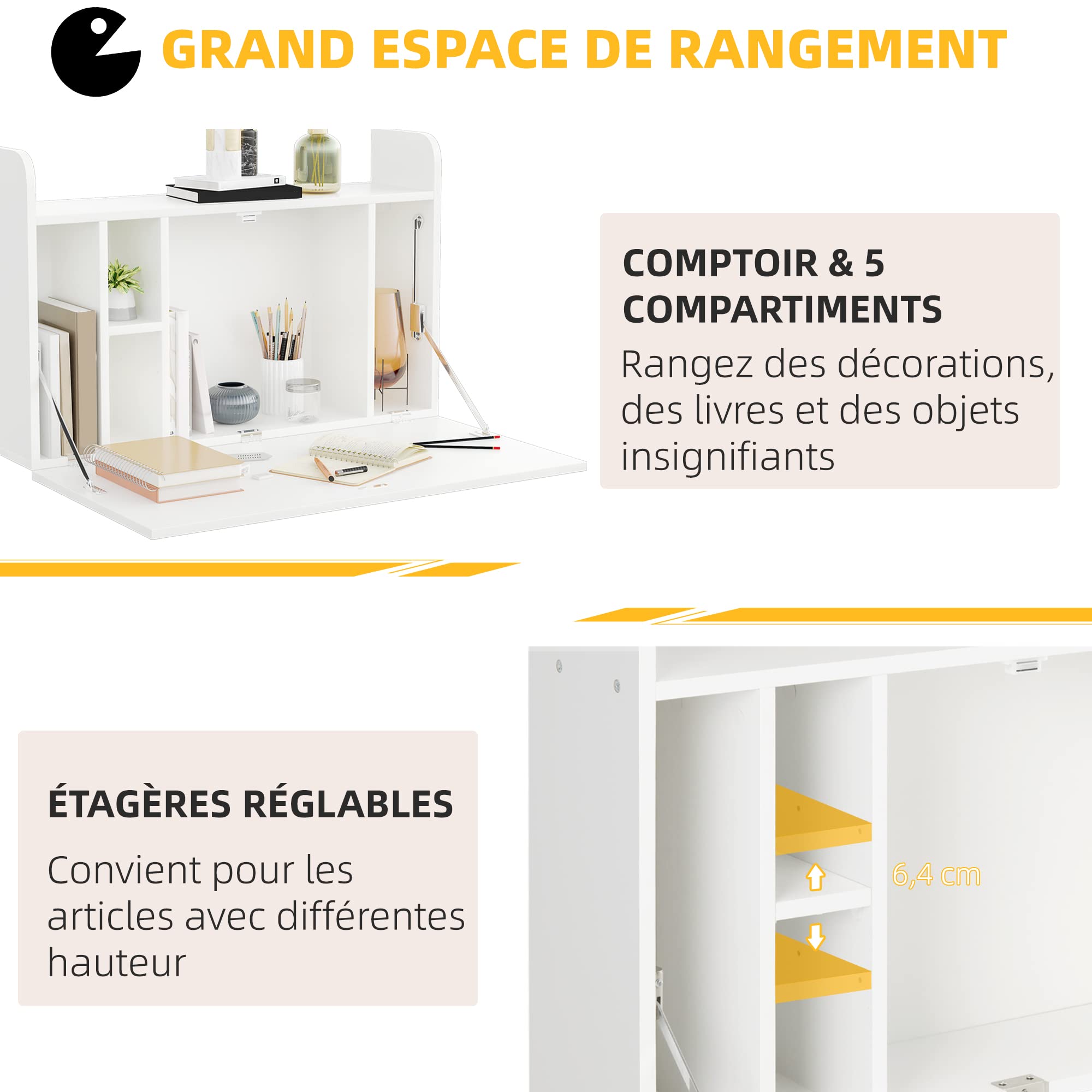 HOMCOM Bureau Suspendu Bureau Mural avec Rangements 77 x 20 x 51 cm Blanc