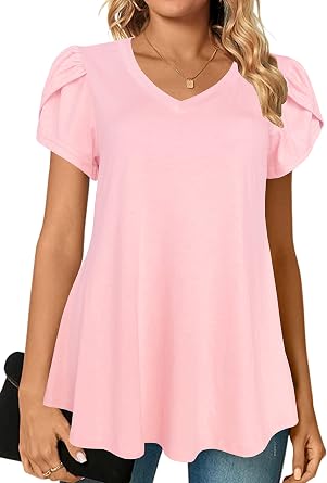 Afibi Womens Summer V Neck Loose Dressy Shirts Petal Short Sleeve Tunic Tops