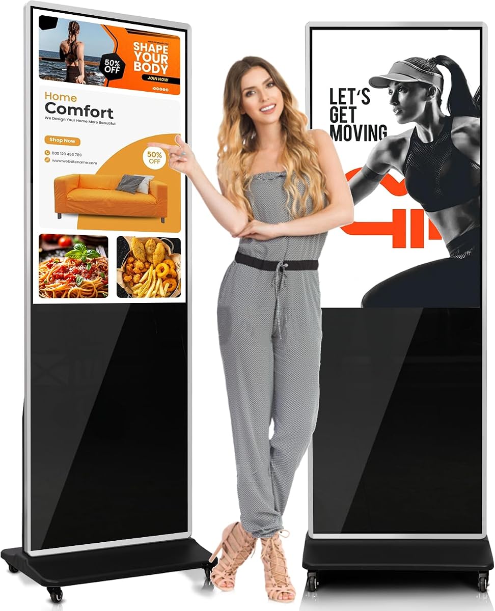 43" Touch Digital Signage Display Kiosk Floor Stand Advertising | 4K Android 14 4 + 32 Storage, USB WiFi HDMI Bluetooth Input, Smart Split Screen, Free CMS, 700 Nits, Life over 50,000 hours