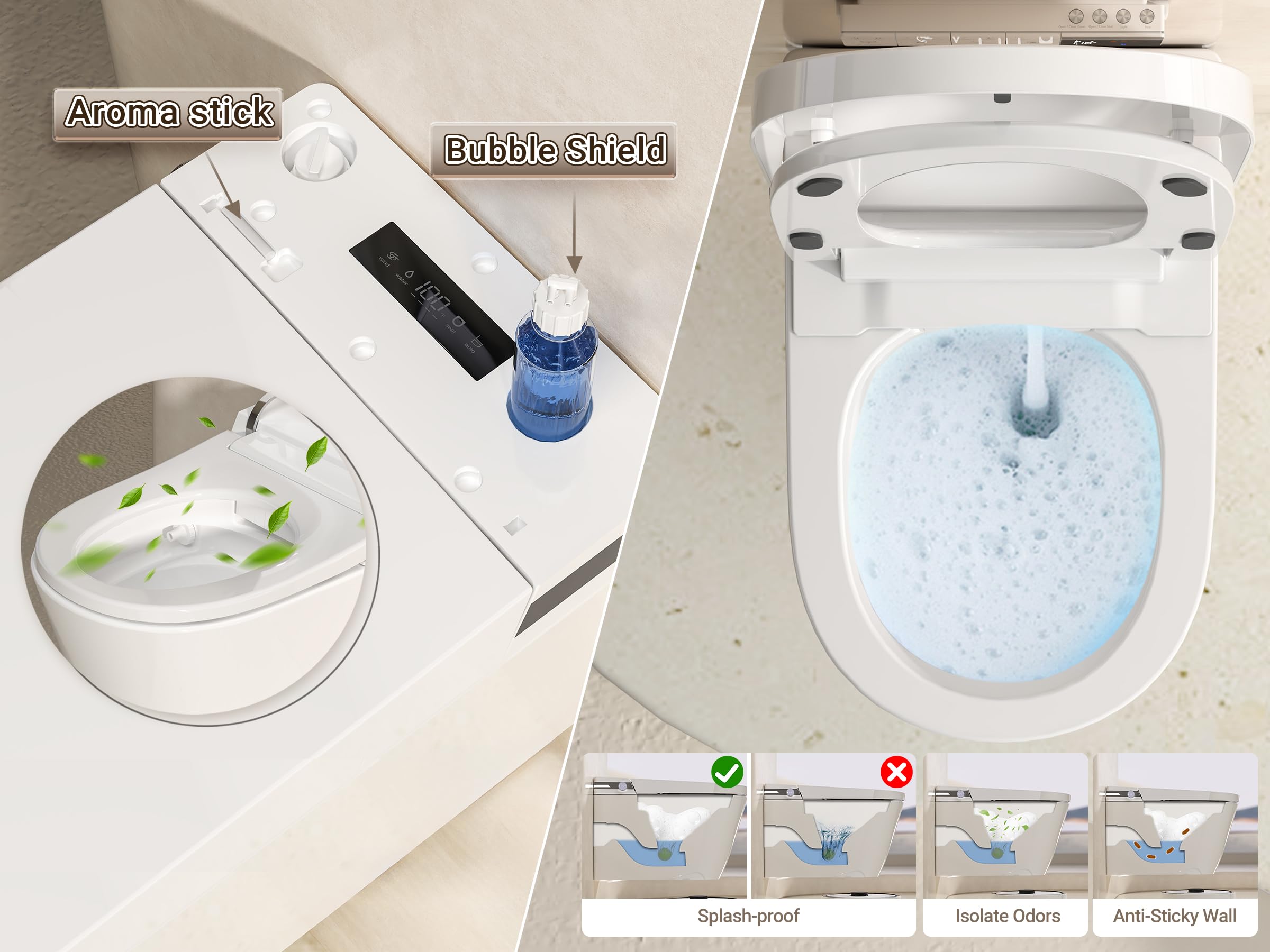 MEJE #T010G - Inodoro inteligente para colgar en la pared, inodoro colgante de pared con combo de bidé, tanque de agua integrado, asiento con calefacción, agua tibia, secadora, descarga automática