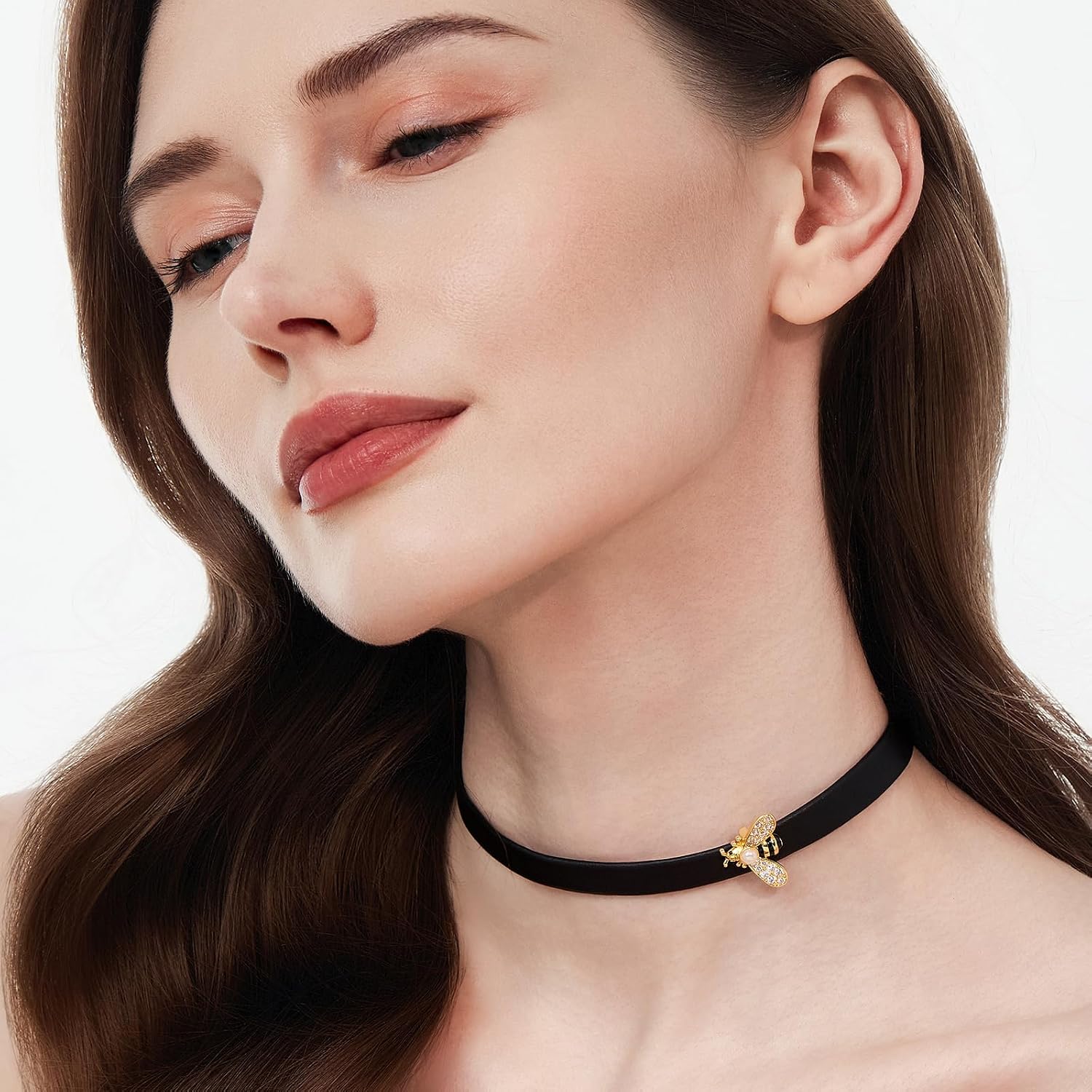 Cicy Bell 18K Gold Plated Necklace for Women Bumble Bee Oval Pearl Cubic Zirconia Pendant Necklaces Trendy Cute Animal Jewelry Gifts 19.69''