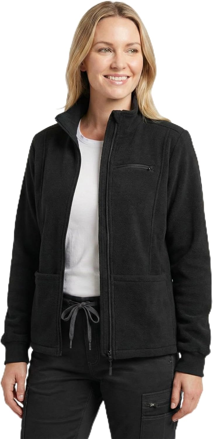 Nurse Women Fleece Scrub Jacket with 5 Pockets Zip Front Jacket Slim Fit Nursing Warm-up Fleece Medical Coat Stretch Fabric