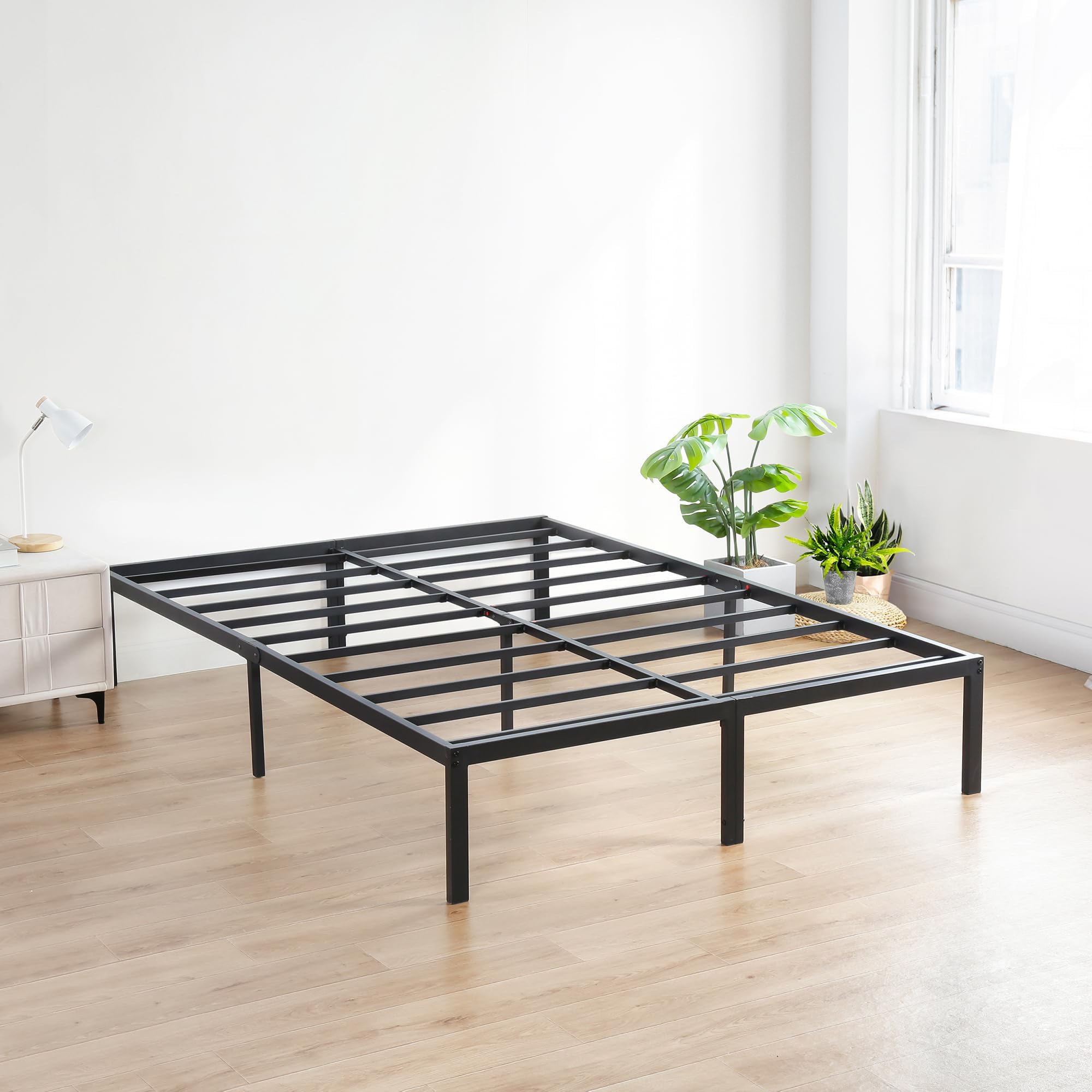 18 Inch Heavy Duty Steel Slat Anti-Slip Support, Easy Assembly Platform Bed Frame, Noise Free Steel Mattress Foundation, Maximum Storage, No Box Spring Needed, Black, King Size