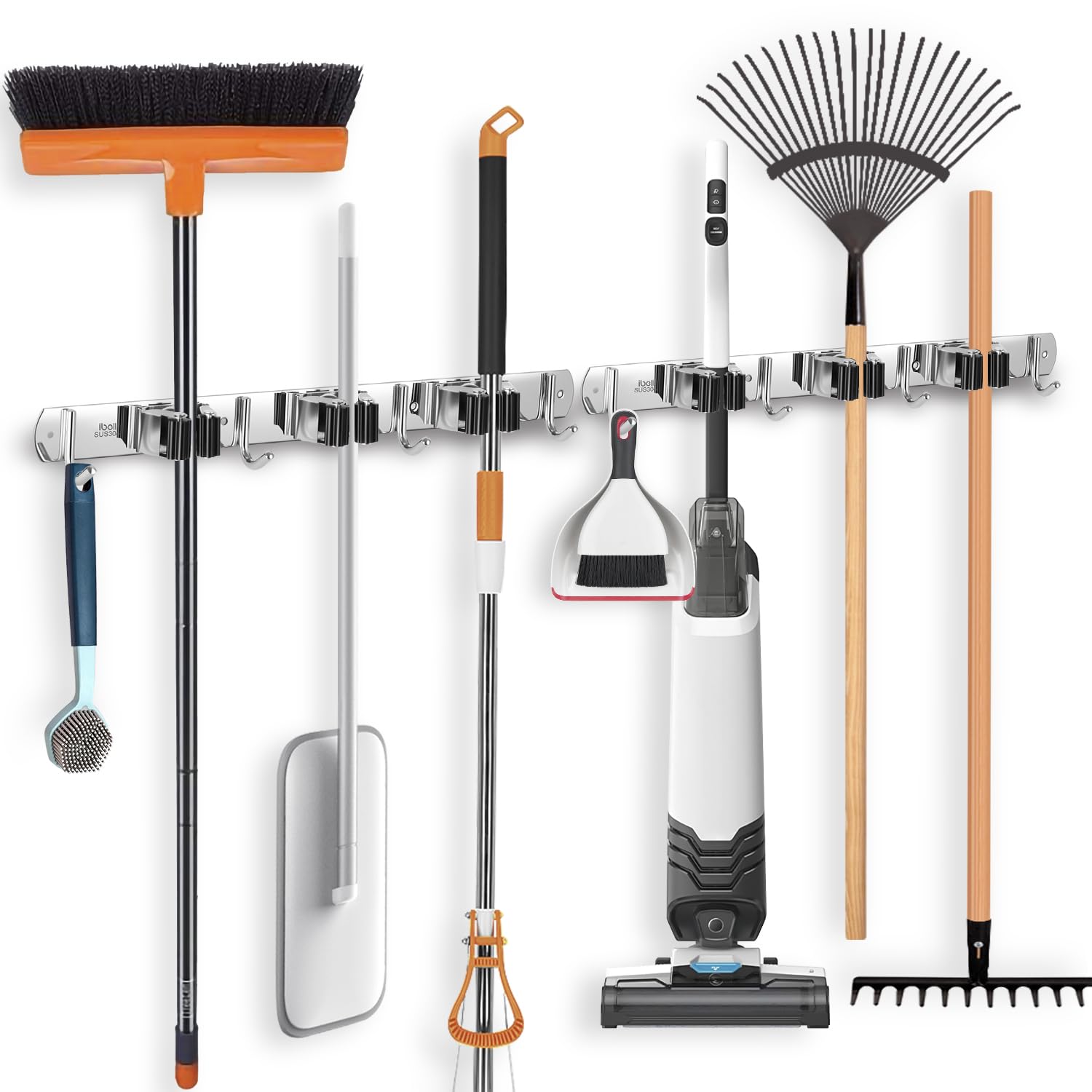 ibell 2 Stück Besenhalterung Wand, Gerätehalter Edelstahl, Besen Mop Halter Wandhalterung, Selbstklebend Werkzeughalter Organizer mit 3 Halter und 4 Haken für Zuhause Küche Badezimmer