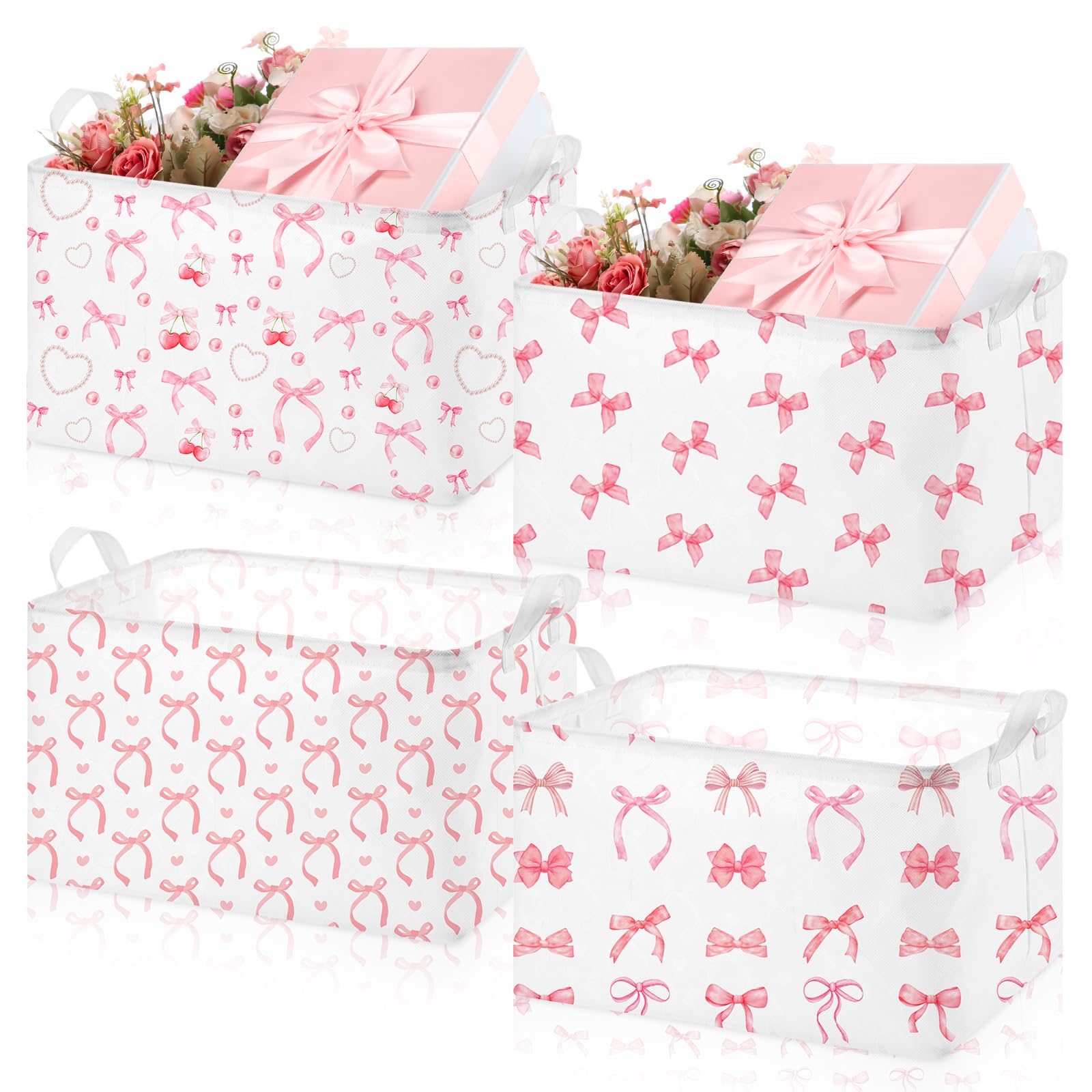 Chunful 4 Pcs Coqutte Pink Bow Storage Baskets Cute Preppy Pink Hamper Storage Bins Foldable Laundry Baskets with Handle Collapsible Organizer for