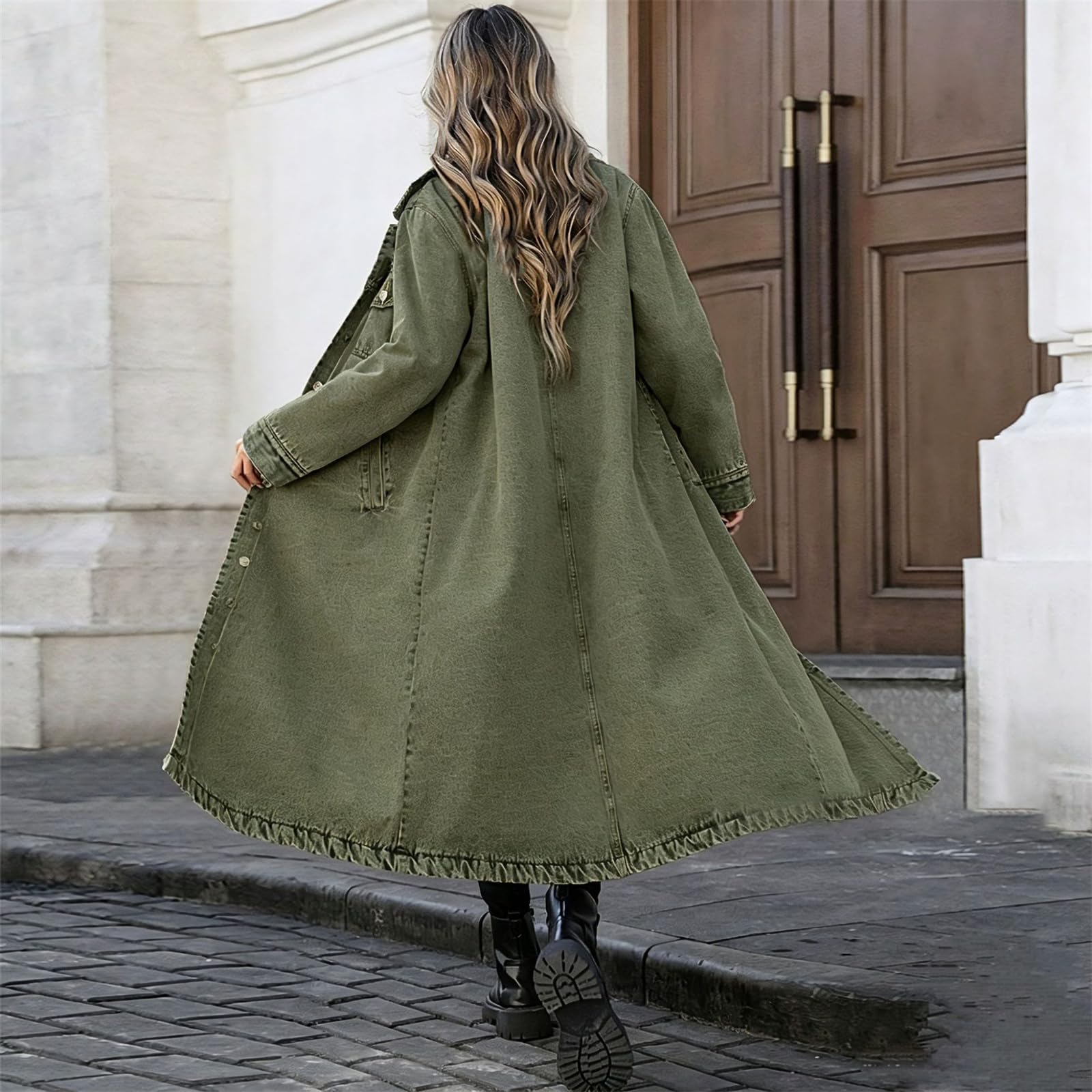 Trench Dżinsowy Długi Damski Klapa Guziki Kurtka Denim Luźna Oversize, Zielony, L | Wiatroodporny dżins z praktycznymi kieszeniami bocznymi. Łatwe dopasowanie do innych ubrań. Com, idealny do pracy