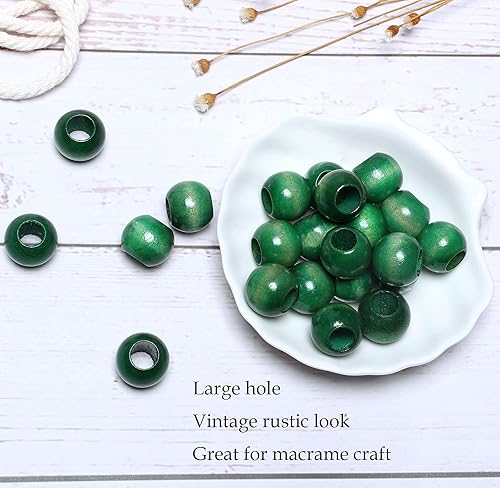 Miniatura 7 de Cuentas de madera verde de 0.709 in de agujero grande redondas sueltas cuentas espaciadoras estilo vintage cuentas de macramé de madera con agujero