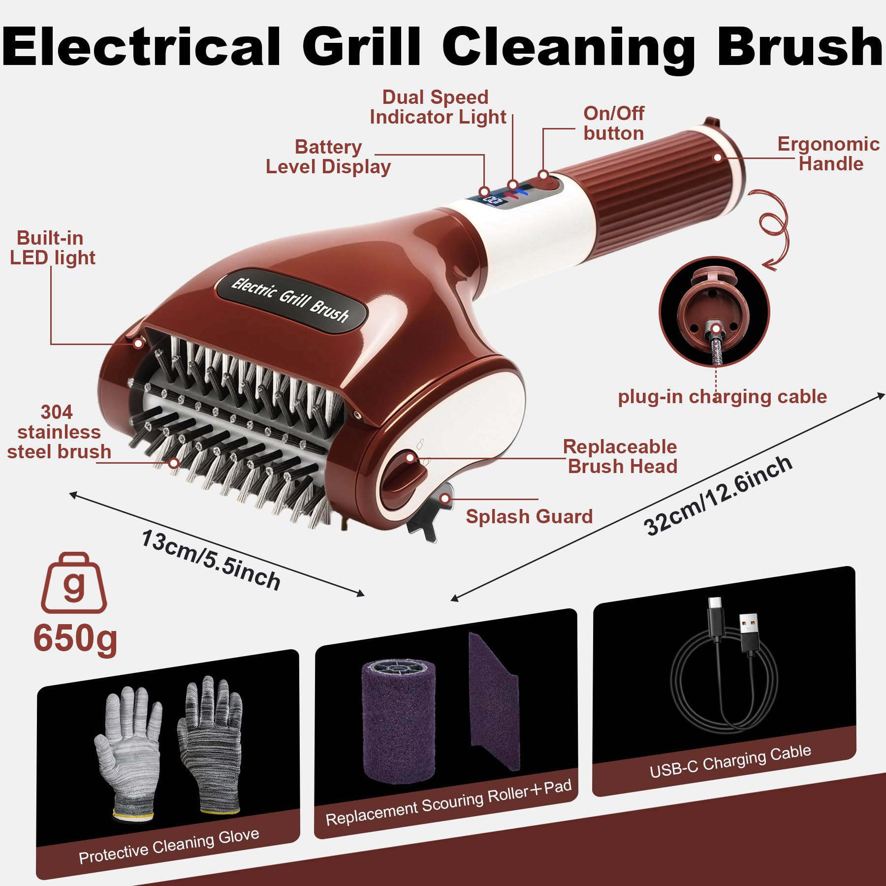 Spazzola Elettrica per Barbecue Senza Fili, 2 Velocità Spazzola Elettrica per Pulizia con Schermo LED Spazzole Ricambio Acciaio Inox, Ricaricabile Pulitore Barbecue Elettrico con Luce per Griglia