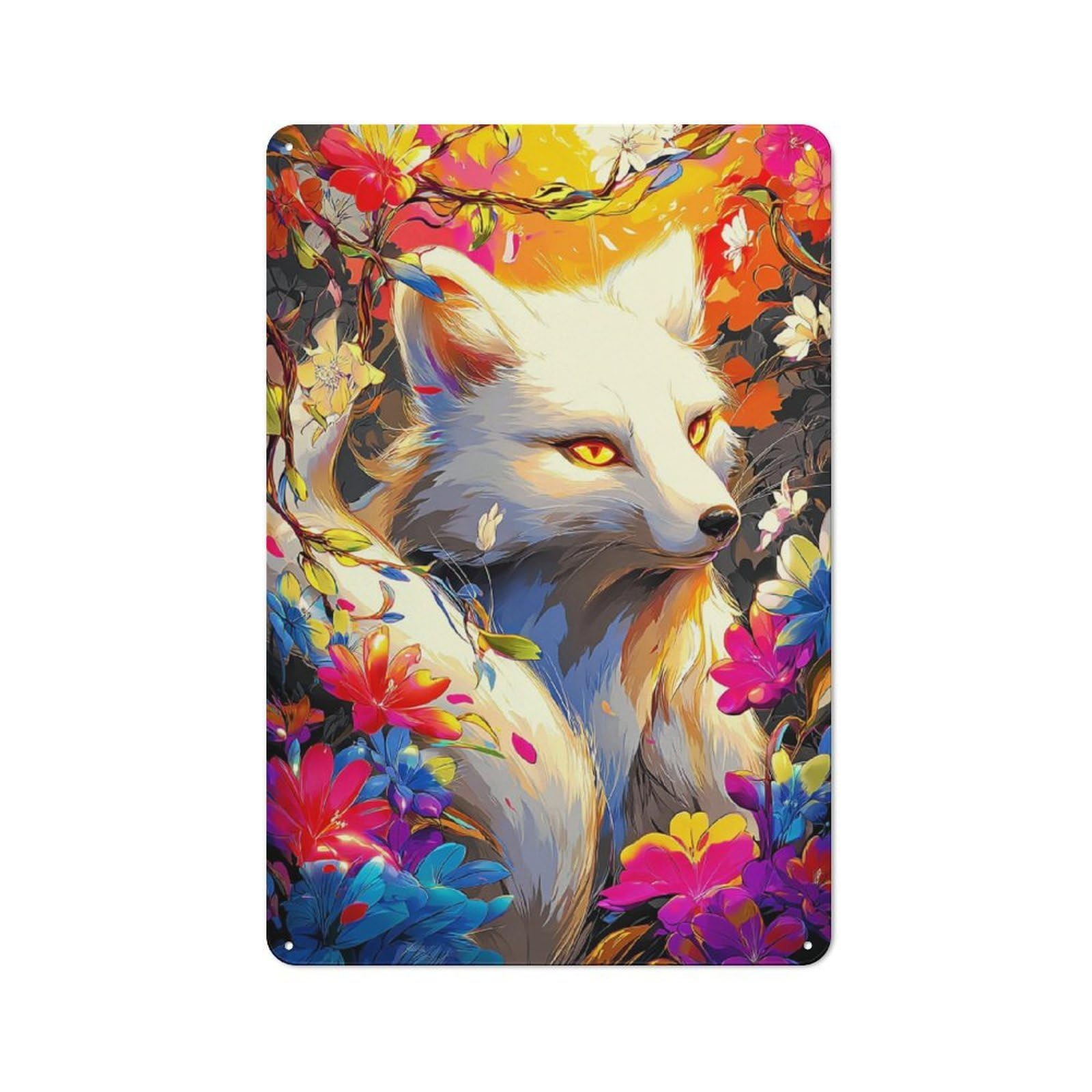 Understated Decorative Metal Sign 30x20cm Featuring Fox Amidst Vibrant Flowers -2, Study Room Decor for Workspace, Cafe, Shop Or Desk Area