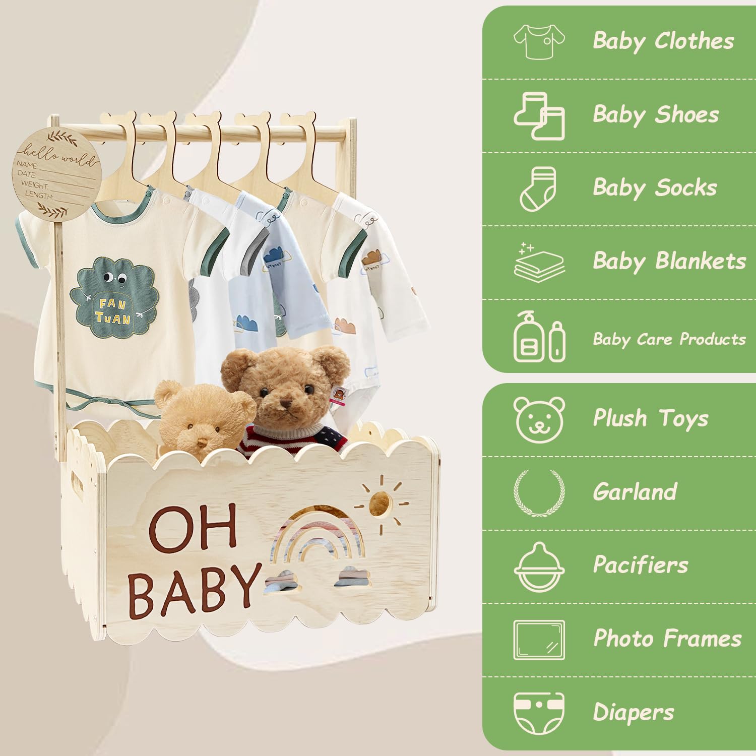 zyuqnek Baby Shower Crate Closet, Wooden Baby Shower Basket With Hangers, Baby Shower Clothes Rack, Welcome Baby Gift For For Newborn Boy Girl, Ideal Pregnancy Gift For New Parents