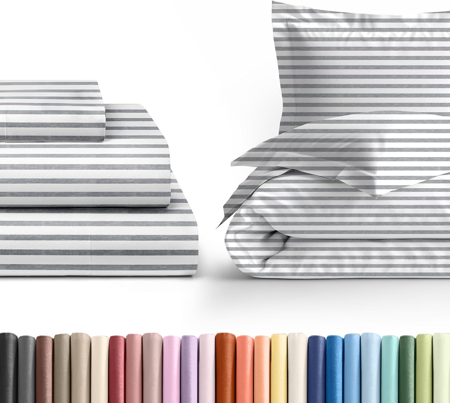 3 Piece Grey Stripes Twin XL Bed Sheet Set with Duvet Cover - 21” Extra Deep Pockets - 1 Flat & 1 Fitted Sheet & 1 Pillowcase - Oeko-TEX - Wrinkle Free - Easy-Care, Hotel Luxury Bedding - Ea