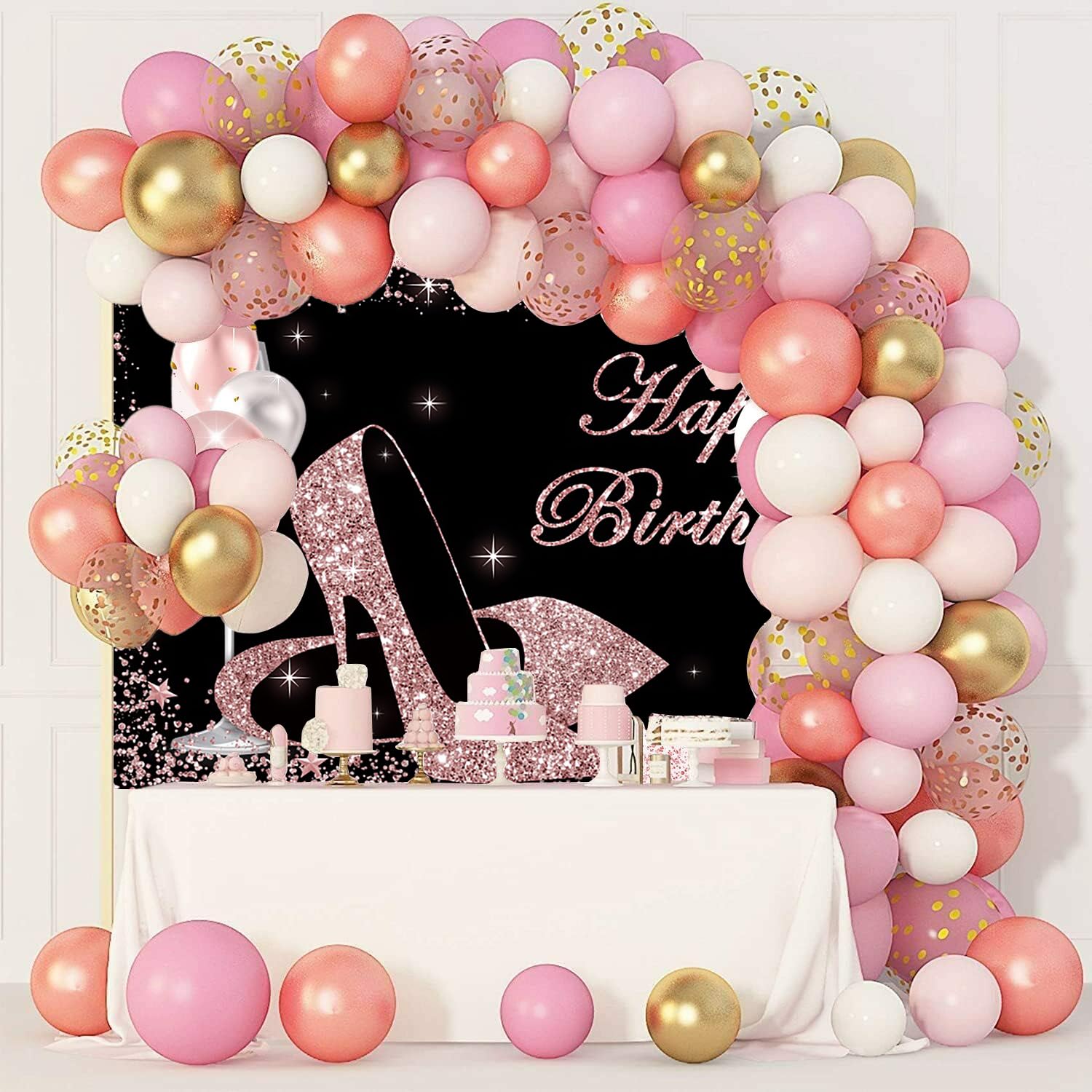 Happy Birthday - Sfondo rosa glitterato con palloncini, tacchi, bicchiere di vino, sfondo fotografico per donne e ragazze, decorazioni e forniture per feste, 1,8 x 1,2 m