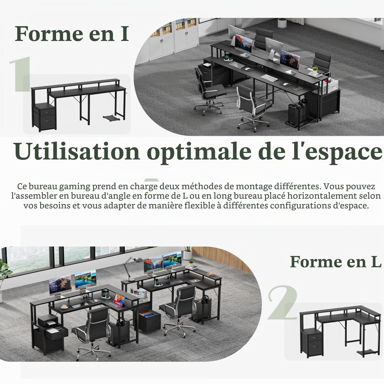 YOUDENOVA Bureau Gaming LED Bureau d'angle avec Tiroirs Bureau d'Ordinateur 168x100cm Table Gamer avec Prise Intégrée & Port USB Table Gaming avec Support d'écran Noir