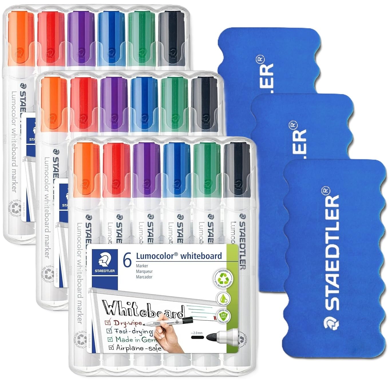 STAEDTLER Lumocolor 351 WP6 Whiteboard-Marker, Rundspitze ca. 2 mm Linienbreite, Set mit 6 Farben (3 stück (6er Pack))